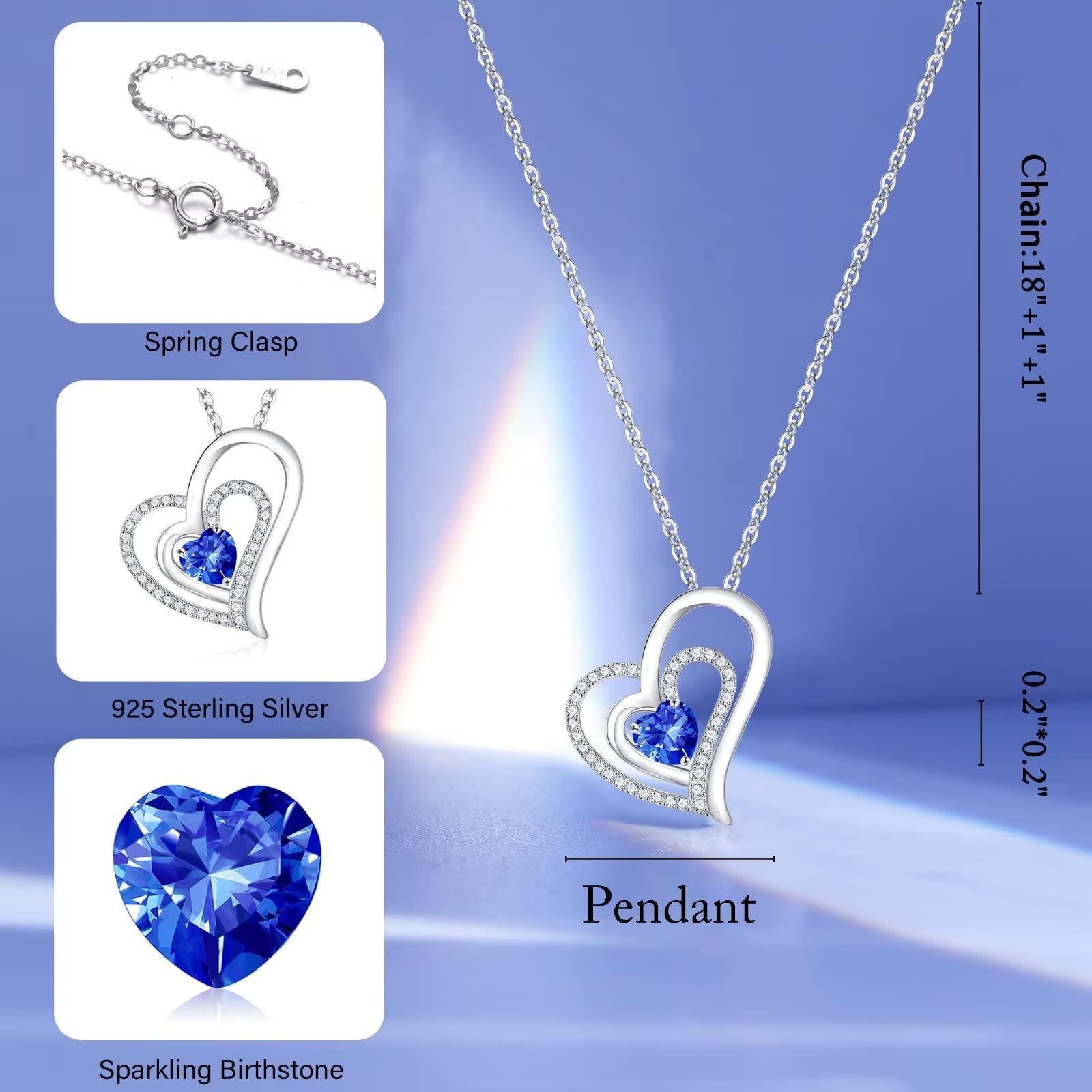 Birthstone Necklace for Women - Sterling Silver Heart Pendant Jewelry Gift for Mom, Wife, Girlfriend, Daughter | Personalized Birthday, Mother's Day & Anniversary Present | Perfect for Special Occasions & Everyday Wear