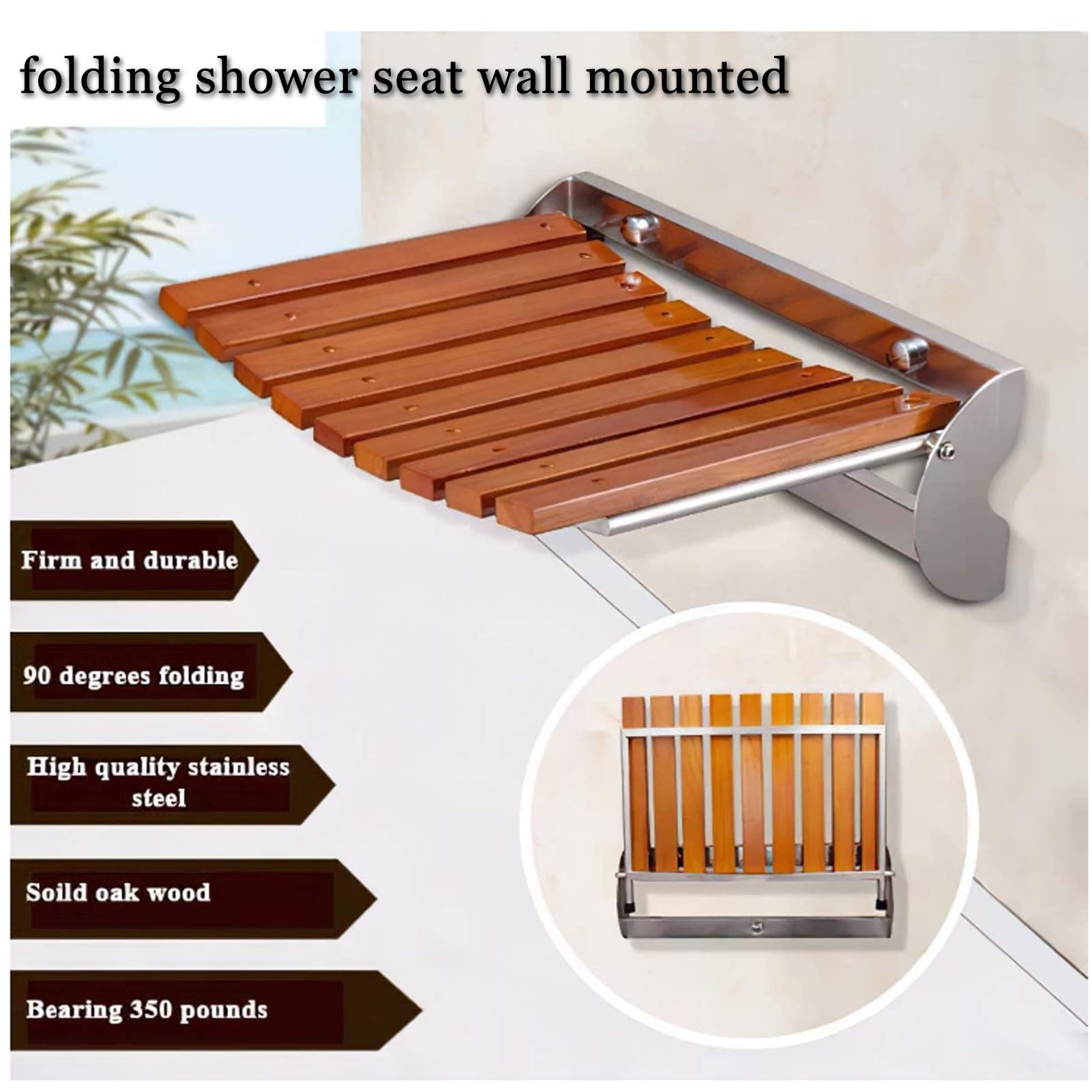 Foldable Shower Chair with Wall Mount - Sturdy Solid Wood Shower Seat for Adults & Kids - Compact Folding Design (326x137x270mm) - Perfect for Small Bathrooms, Elderly Safety, and Entryway Shoe Changing Stool