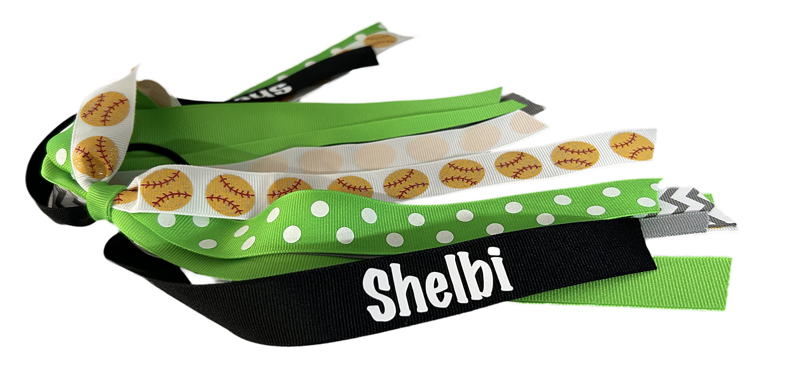 Custom Name Softball Hair Ties - Glitter Ribbon Ponytail Holders for Volleyball & Soccer - Neon Green, Black, White, Gray Chevron Colors | Perfect for Sports Games, Team Spirit & Cheerleading Accessories