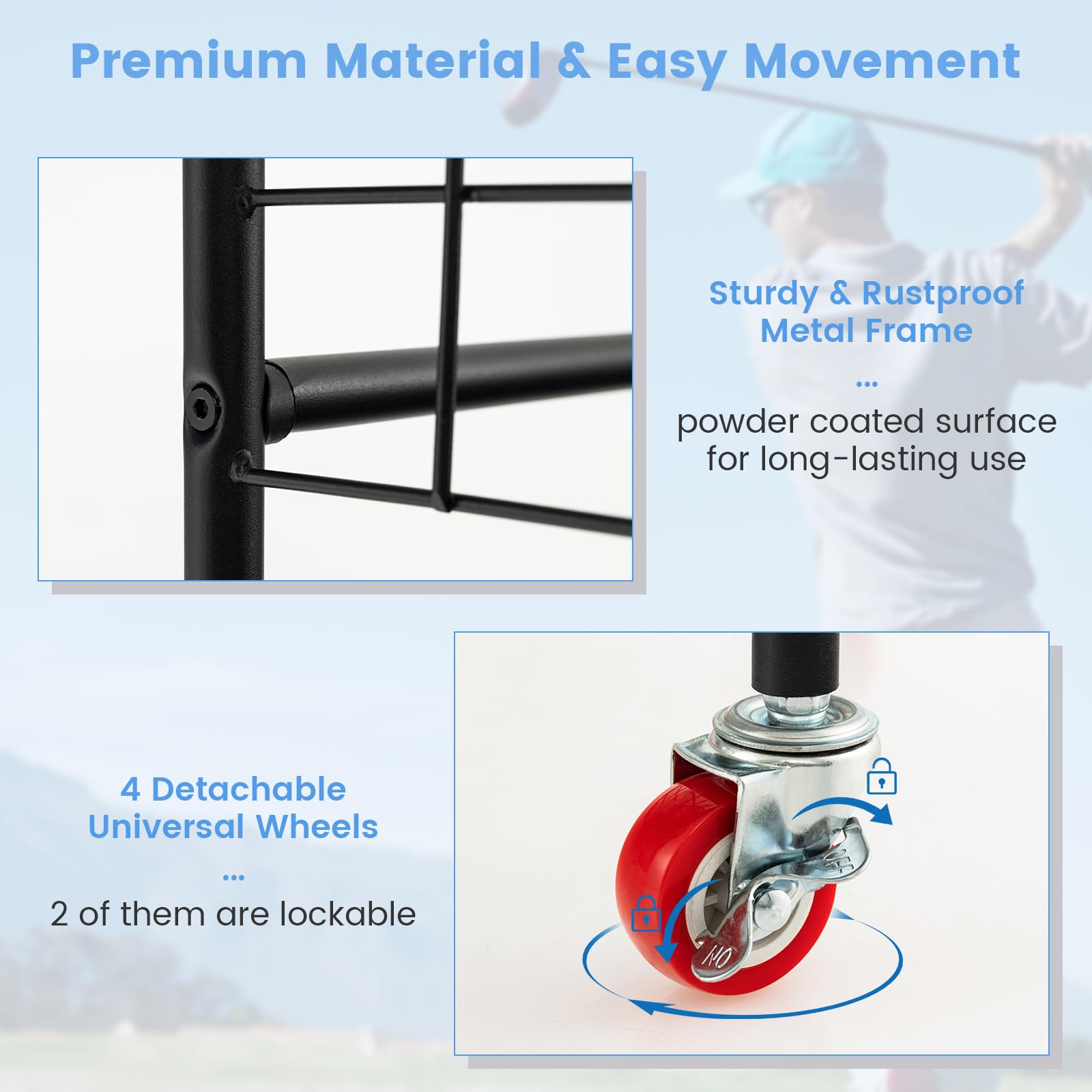 Tangkula Heavy Duty Metal Double Golf Bag Storage Rack with Removable Club Stand, Shelves & Lockable Wheels - Extra Large Golf Equipment Organizer for Garage, Basement or Clubhouse - Perfect for Storing Golf Bags, Clubs & Accessories