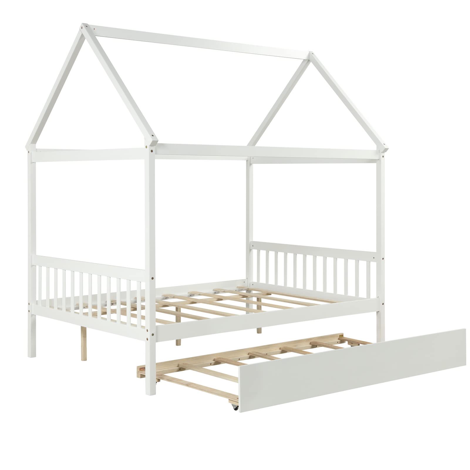 WIILAOK Twin Size Kids Playhouse Bed with Trundle - Wooden Cabin Platform Bed Frame with Headboard & Roof - No Box Spring Needed - Perfect for Girls & Boys Bedrooms, Playrooms & Sleepovers (White)