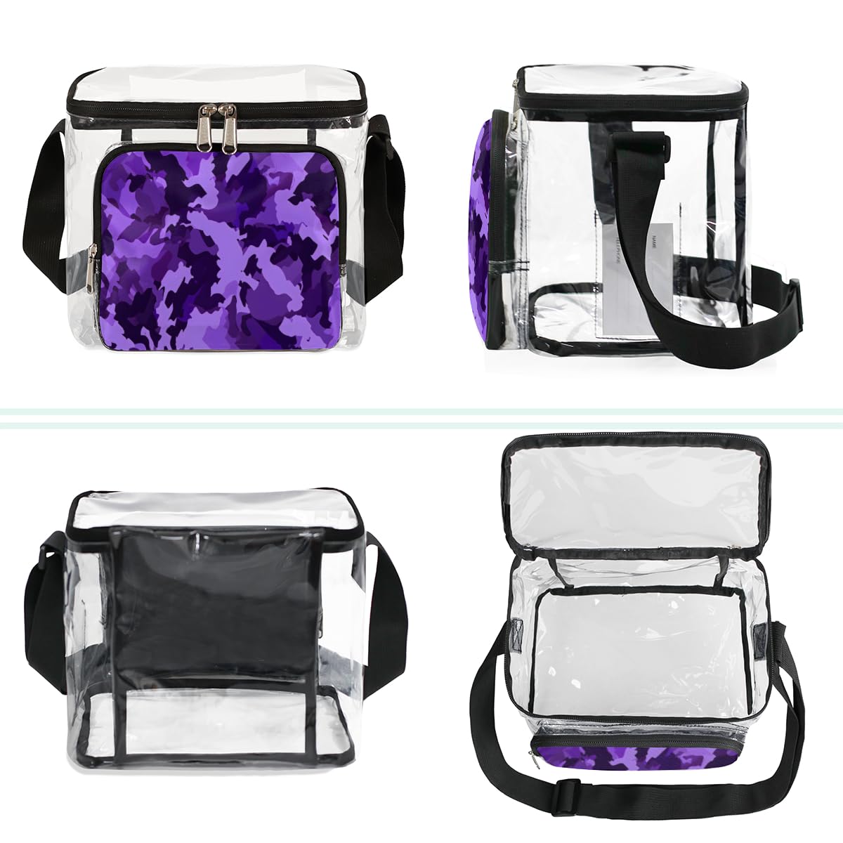 GzLeyigou Camouflage Print Clear Tote Bag with Handles - Purple & Black Camo Transparent Crossbody Shoulder Bag for Lunch, Outdoor, Travel, Picnic, Concerts, Sports Events | Stadium Approved Clear Purse for Women & Men | Perfect for Music Festivals, Beach Days and Shopping Trips