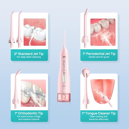 COSLUS 300ML Portable Cordless Water Dental Flosser - Rechargeable Electric Teeth Cleaning Oral Irrigator with IPX7 Waterproof, Travel-Friendly Teeth Pick for Home & Travel Use (Pink, Model C20-F5020E) - Perfect for Daily Oral Care, Braces Cleaning, and Gum Health Maintenance