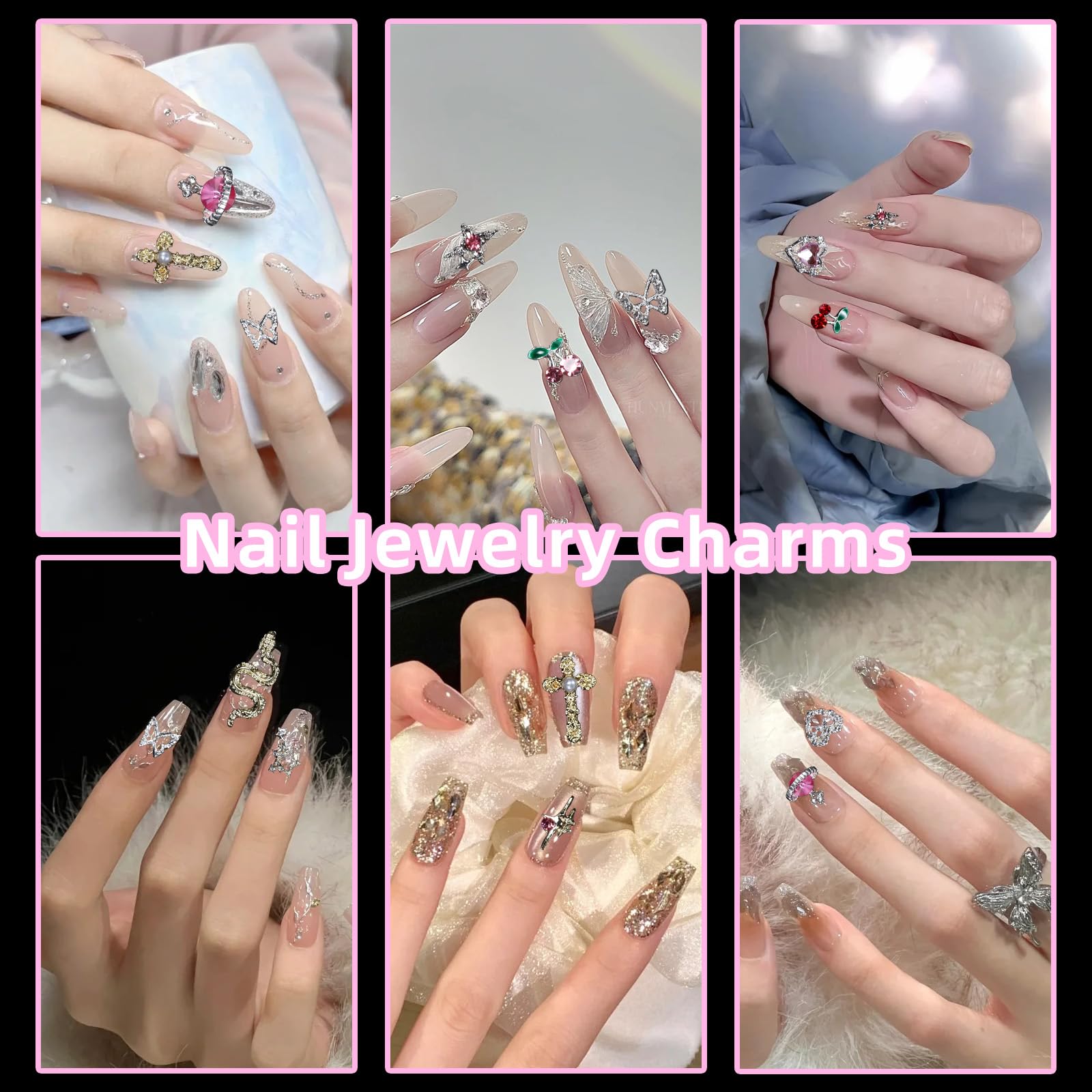 72 Pcs 3D Silver Nail Gems Charms - Butterfly, Star, Snake & Cross Nail Art Decorations for Acrylic Nails | Professional Nail Art Supplies with Pickup Tool | Perfect for DIY Manicures, Salon Nail Designs & Party Nail Art