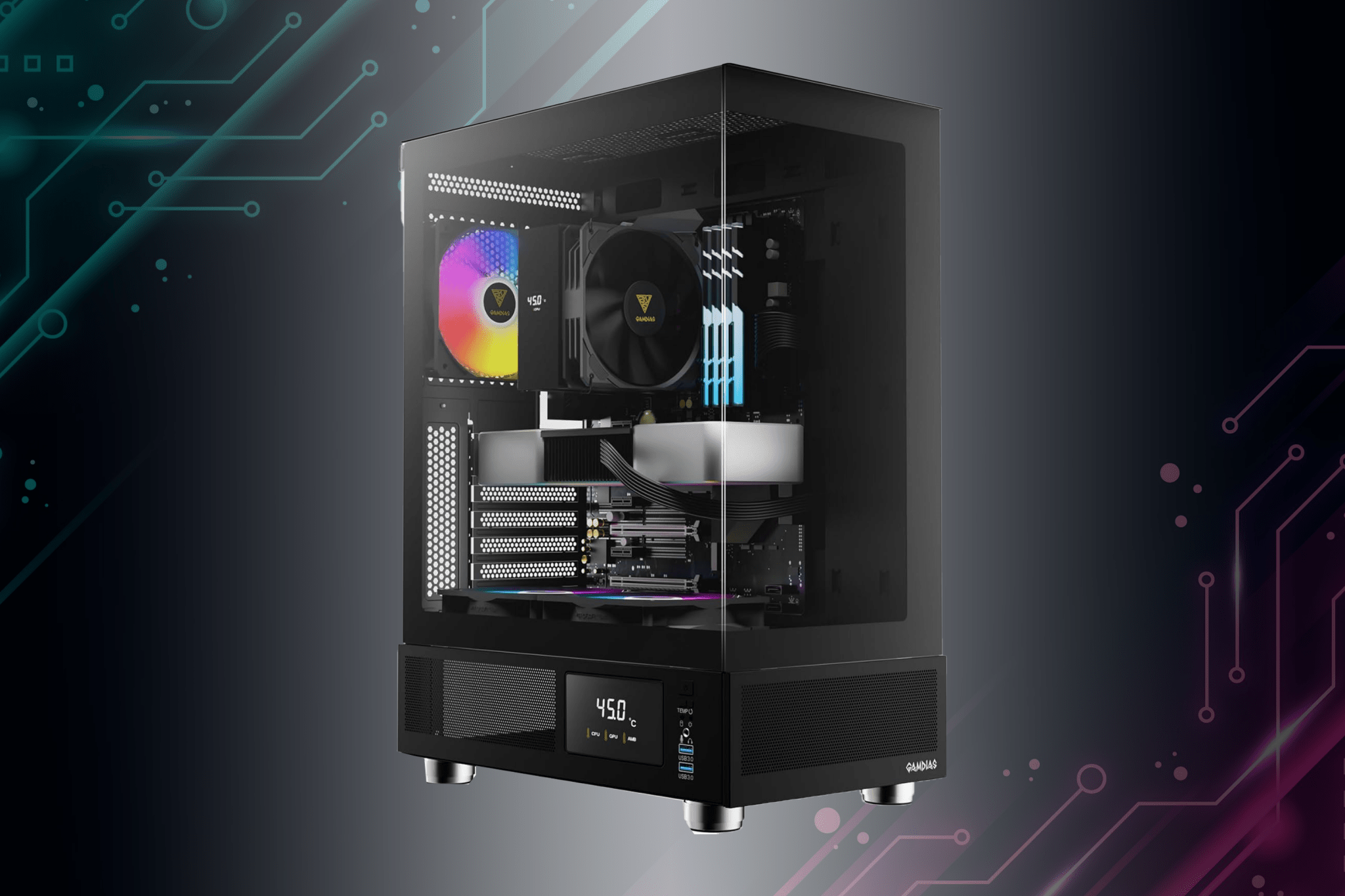 GAMDIAS GD ATLAS E1 ATX Mid Tower Gaming PC Case - Black | High Airflow, Tempered Glass, RGB Lighting | Perfect for Gaming Rigs & Workstations