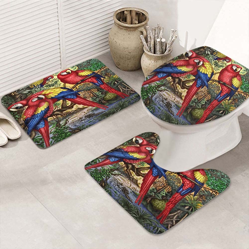 Non-Slip Bathroom Rug Set with 3 Macaw Parrots on Branch Design - U-Shaped Contour Floor Mat & Toilet Lid Cover - Water Absorbent Bath Mats for Bathroom Decor (3-Piece Set) - Perfect for Tropical & Bird Lover Home Decor
