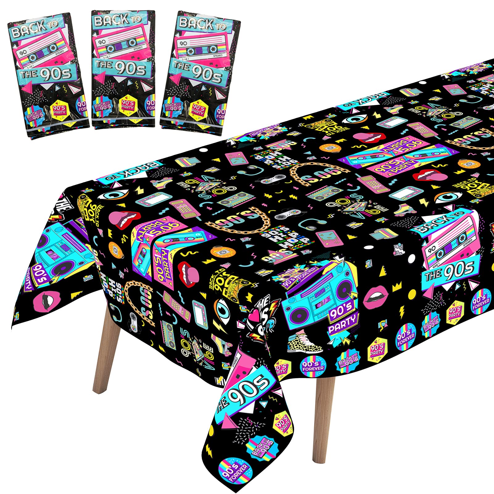 3 Pack 90s Themed Party Tablecloths - Retro Hip Hop Birthday Table Covers for 1990s Theme Party Decorations - Perfect for 90s Birthday Parties, School Events & Throwback Celebrations