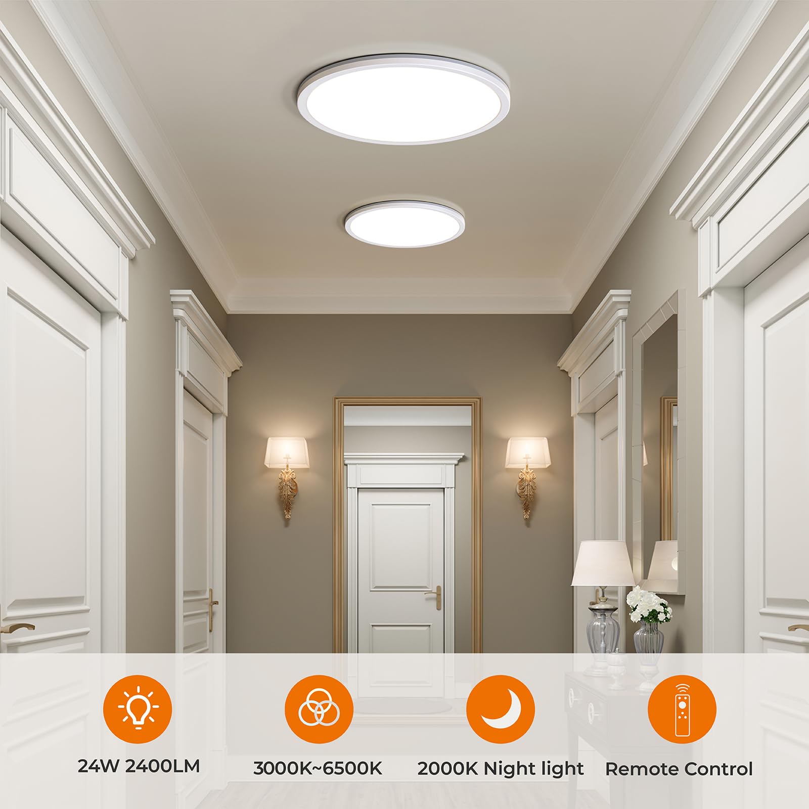 12in LED Flush Mount Ceiling Light with Remote Control - 2000K Warm to 6500K Adjustable Color Temperature, Ultra-Thin Design for Bedroom, Kitchen, Living Room - Perfect for Ambient Lighting and Nighttime Use