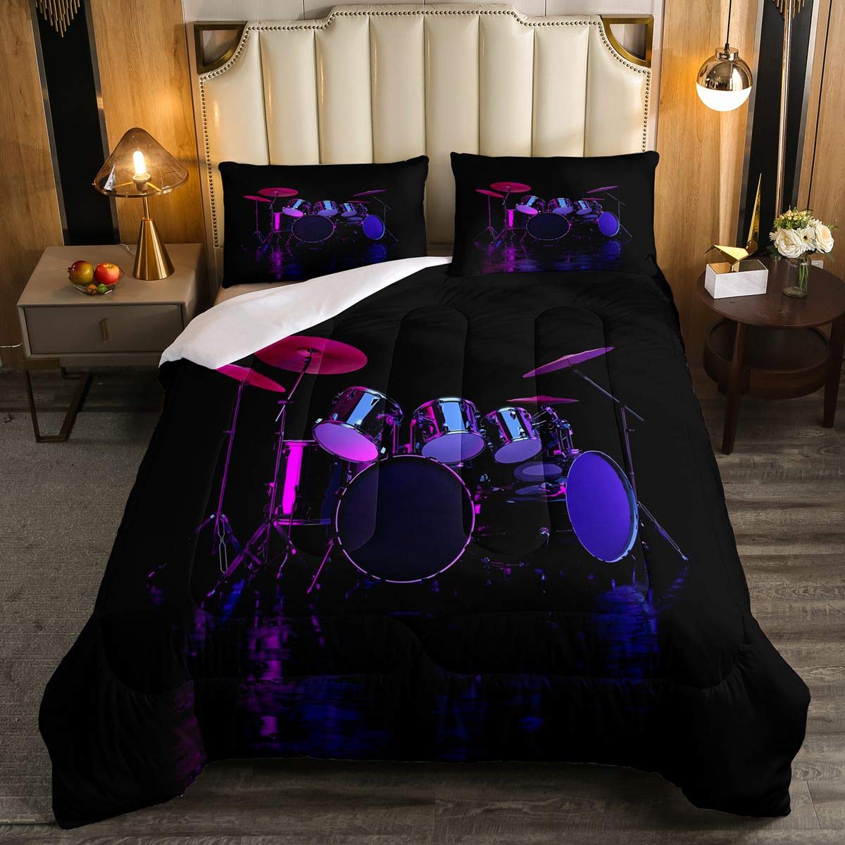 Rock Music Drum Set Comforter Set - Ultra Soft Musical Themed Bedding for Kids & Teens | Full Size Black Duvet Cover with Drum Pattern | Perfect for Boys & Girls Bedroom Decor, Popstar Party & Music Lover Gift