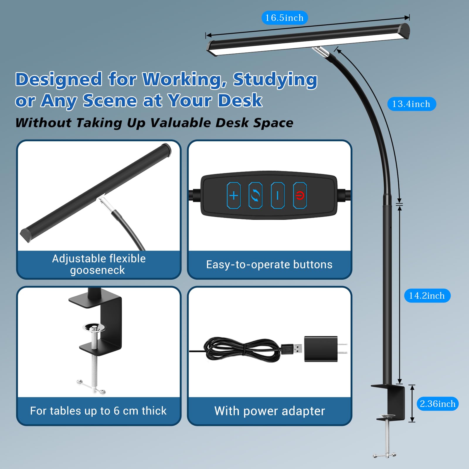 LED Desk Lamp with Clamp - Adjustable Gooseneck Eye-Caring Light for Home Office, 3 Modes & 10 Brightness Levels - Perfect for Studying, Reading, and Working