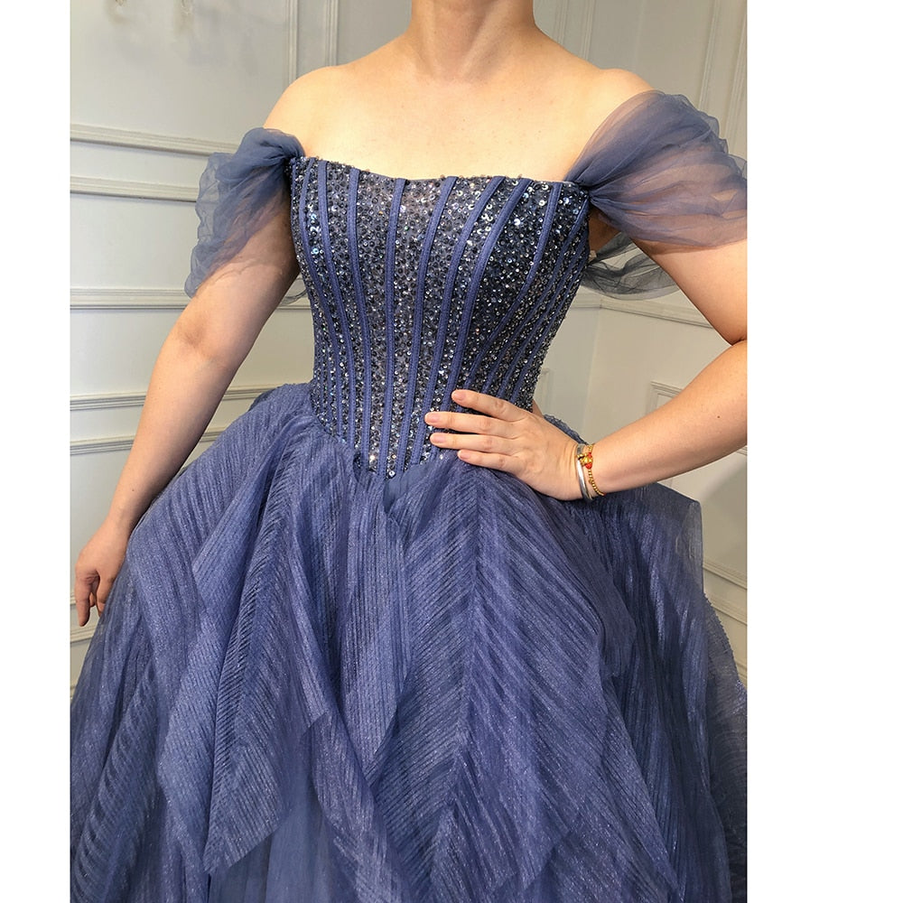 Serene Hill Luxury Blue Beaded Evening Dress Strapless Sexy Ball Gown for Women 2025 - Perfect for Prom, Gala & Formal Parties | LA70936