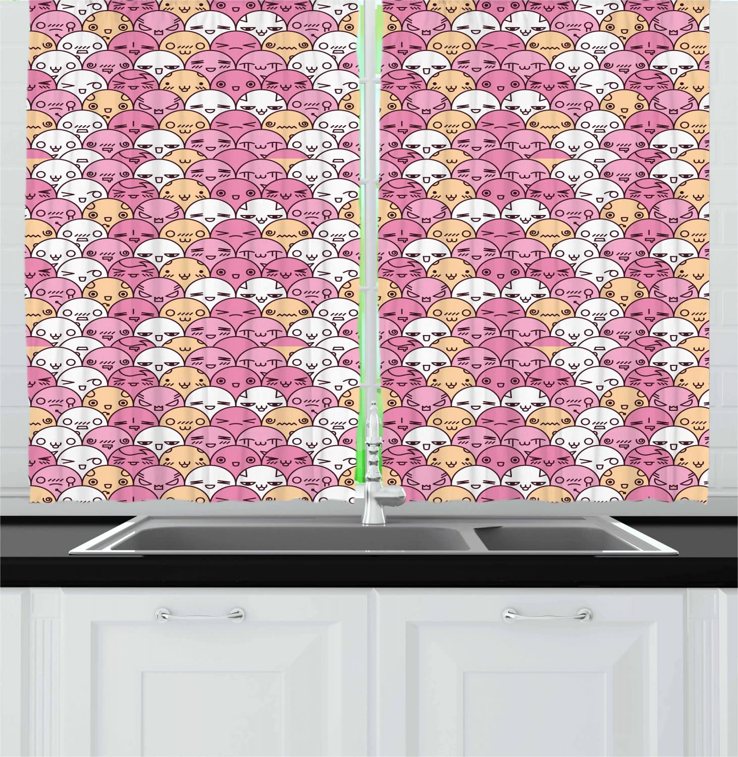 Ambesonne Anime Kitchen Curtains - Kawaii Faces with Various Emotions, 2 Panel Rod Pocket Drapes, 55 x 45 Inches, Pale Pink Peach & White - Perfect for Anime Themed Kitchens, Living Rooms & Bedrooms