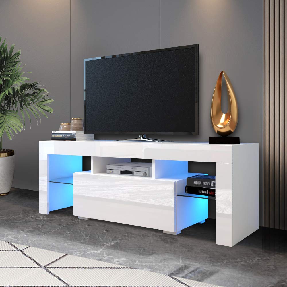 Modern TV Stand with LED Lights & Storage Drawer for 40-60 Inch TVs - Clear Glass Shelf Entertainment Center Console Table for Living Room, Bedroom & Lounge - Perfect for Movie Nights & Home Theater Setup