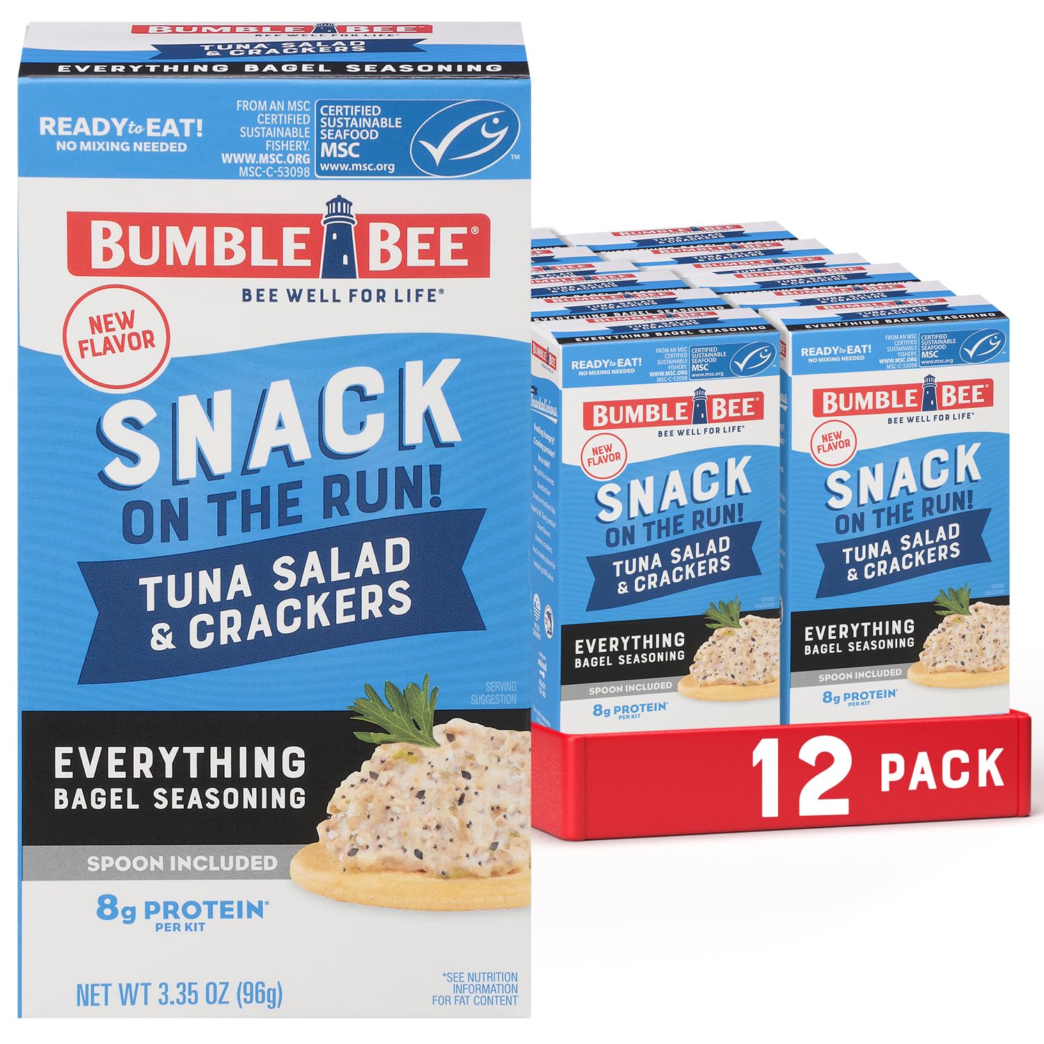 Bumble Bee Everything Bagel Seasoning Tuna Salad Kit with Crackers, 3.35 oz (Pack of 12) - Wild Caught, Ready to Eat Protein Snack - Shelf Stable, Includes Spoon - Perfect for Office Lunch, Road Trips & Outdoor Adventures