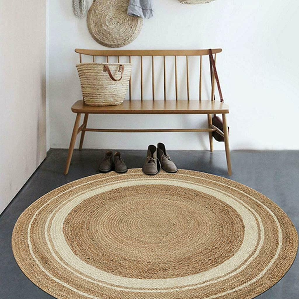 Handwoven Jute Area Rug - Natural Fiber Round Braided Rug for Bedroom, Living Room & Kitchen - Farmhouse Decor with White Border (10x10 Square Feet) - Perfect for Boho Chic, Coastal & Rustic Home Decor