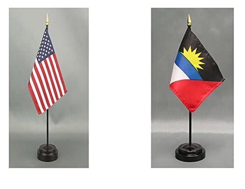 Antiqua Desk Flag Set - American Made Rayon 4x6 inch Office Desk & Hand Waving Table Flags - Includes US & Country Flags with 2 Stands - Perfect for Office Decor, Patriotic Displays & International Events (Antigua)