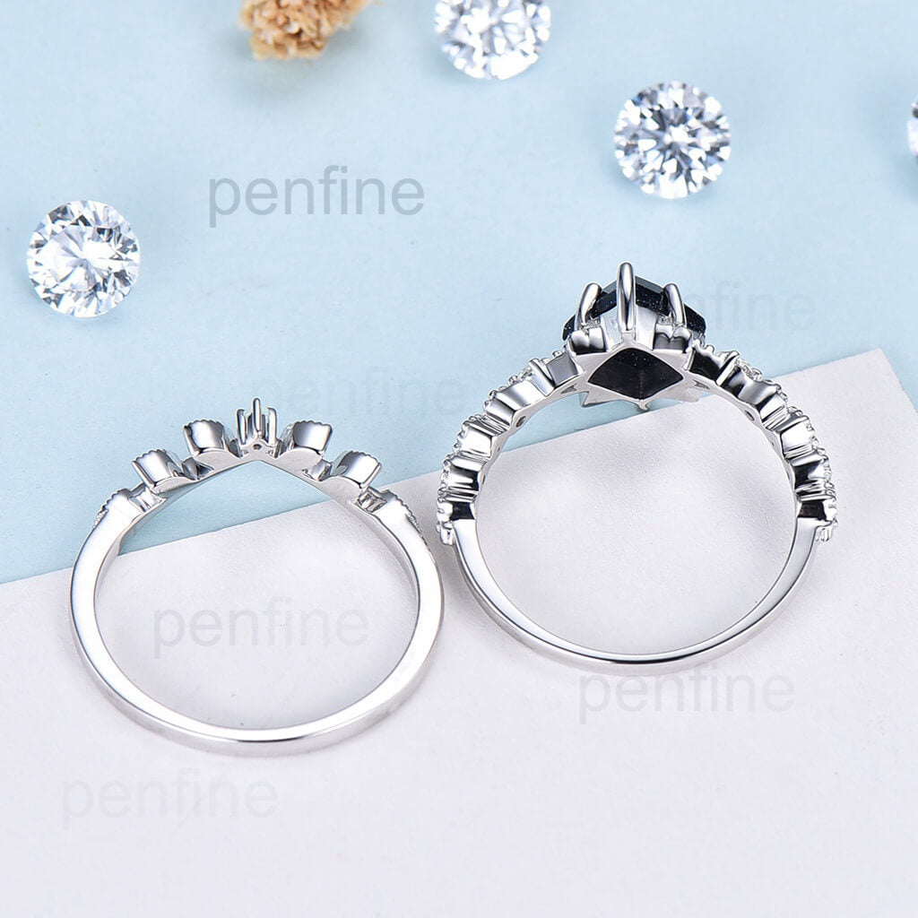 Blue Sandstone Engagement Ring Set for Women - Geometric White Gold Bridal Jewelry with Vintage Opal & Diamond Accents - Art Deco Wedding Ring & Promise Gift - Perfect for Proposals, Anniversaries & Special Occasions