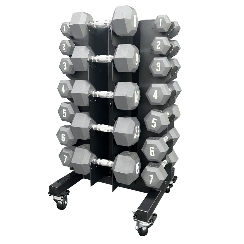 Heavy Duty Rubber Hex Dumbbell Rack with Wheels - Storage Organizer for 1KG to 15KG Weights - Perfect for Home Gym, Fitness Studio & Garage Workout Space