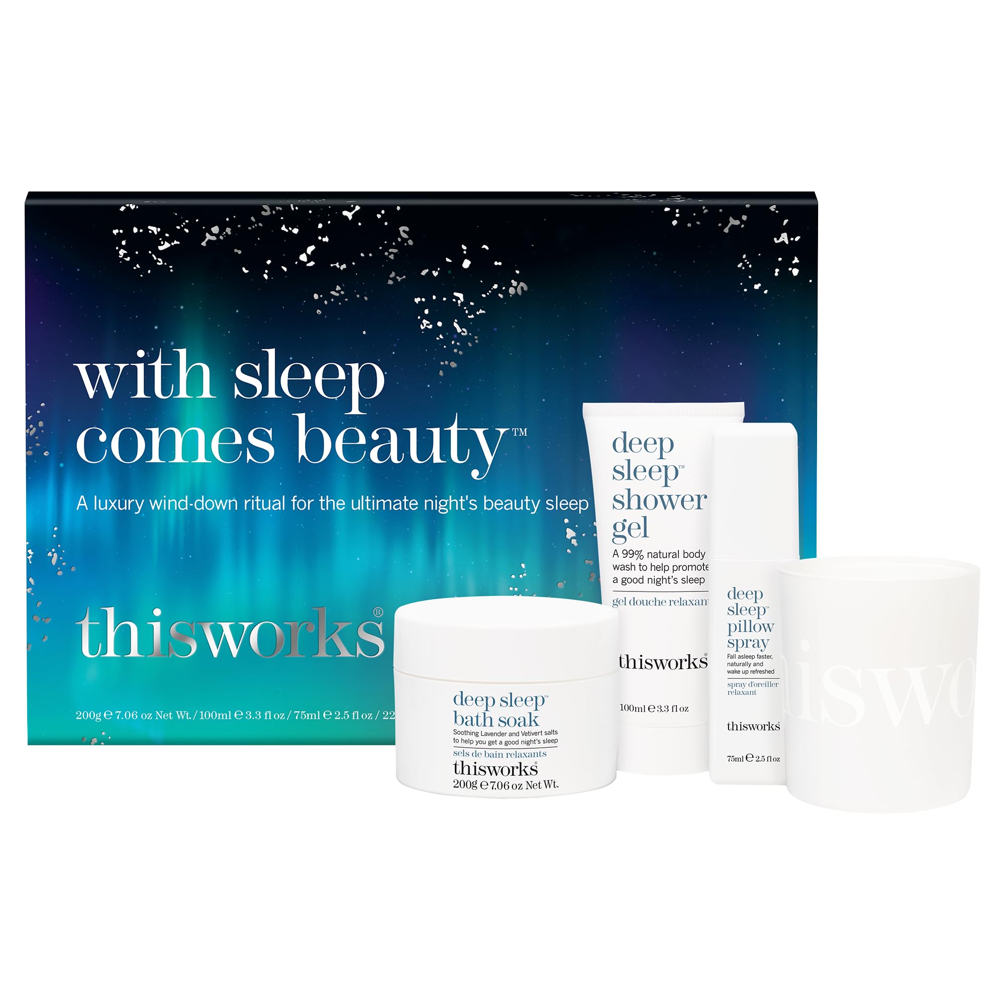 THISWORKS With Sleep Comes Beauty Gift Set - Deep Sleep Pillow Spray, Shower Gel, Body Lotion & Scented Candle with Essential Oils ($122 Value) | Relaxing Bedtime Routine Set for Women, Spa Night Self Care Gift for Her, Luxury Sleep Aid Kit for Better Rest