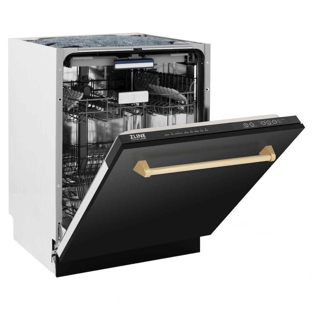 ZLINE Autograph Edition 24-inch Built-In Tall Tub Dishwasher - Black Stainless Steel with Champagne Bronze Handle, 51dBa (DWVZ BS 24 CB) | Quiet Operation, 3rd Rack, Top Control | Perfect for Modern Kitchens, Open Concept Homes & Luxury Apartments