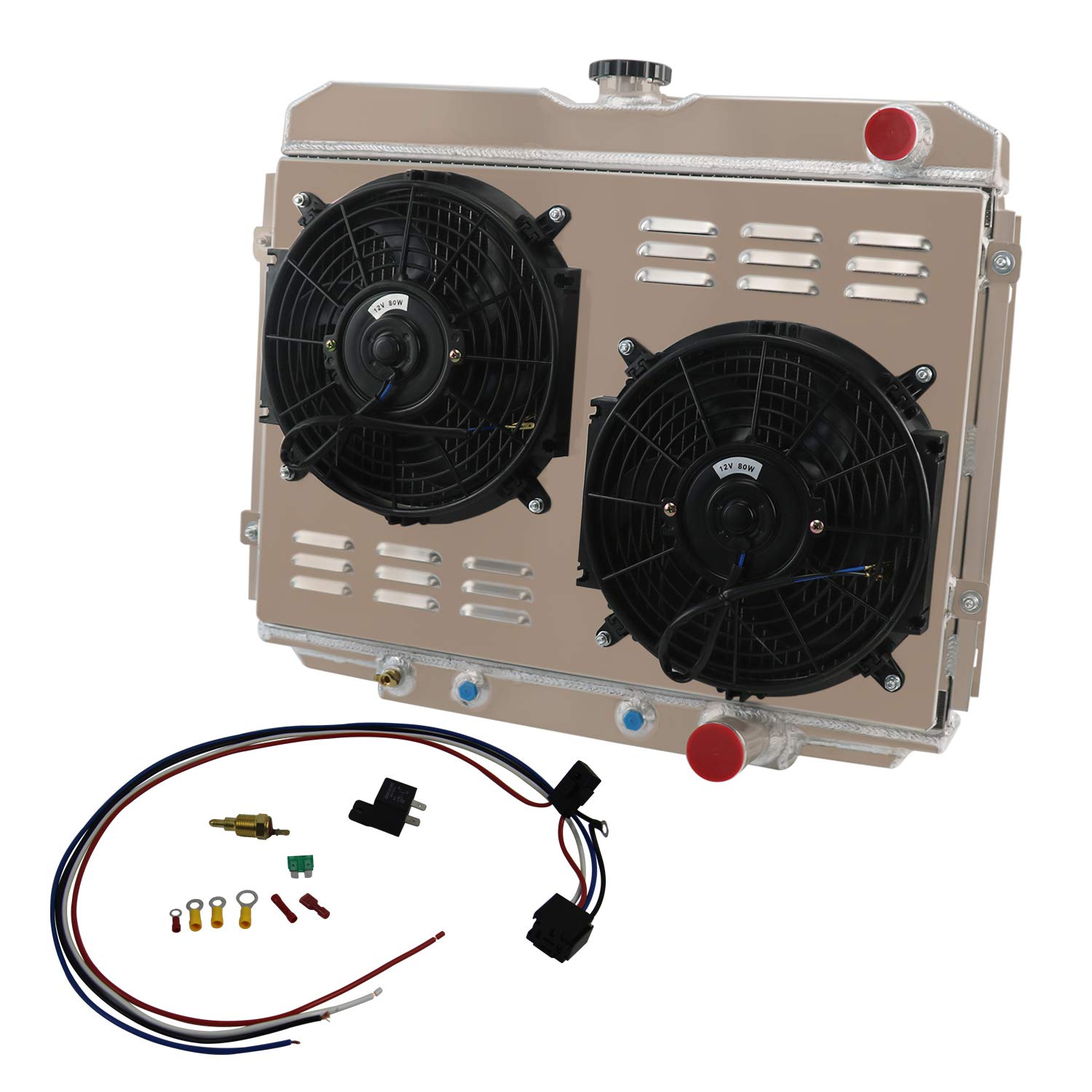 High-Performance 3 Row Aluminum Radiator with Shroud, Fan & Relay Kit - Compatible with 1967-1970 Ford Mustang, Fairlane, Ranchero & Mercury Cougar (4.7L/5.0/5.8L V8) - Perfect for Engine Cooling & Performance Upgrades