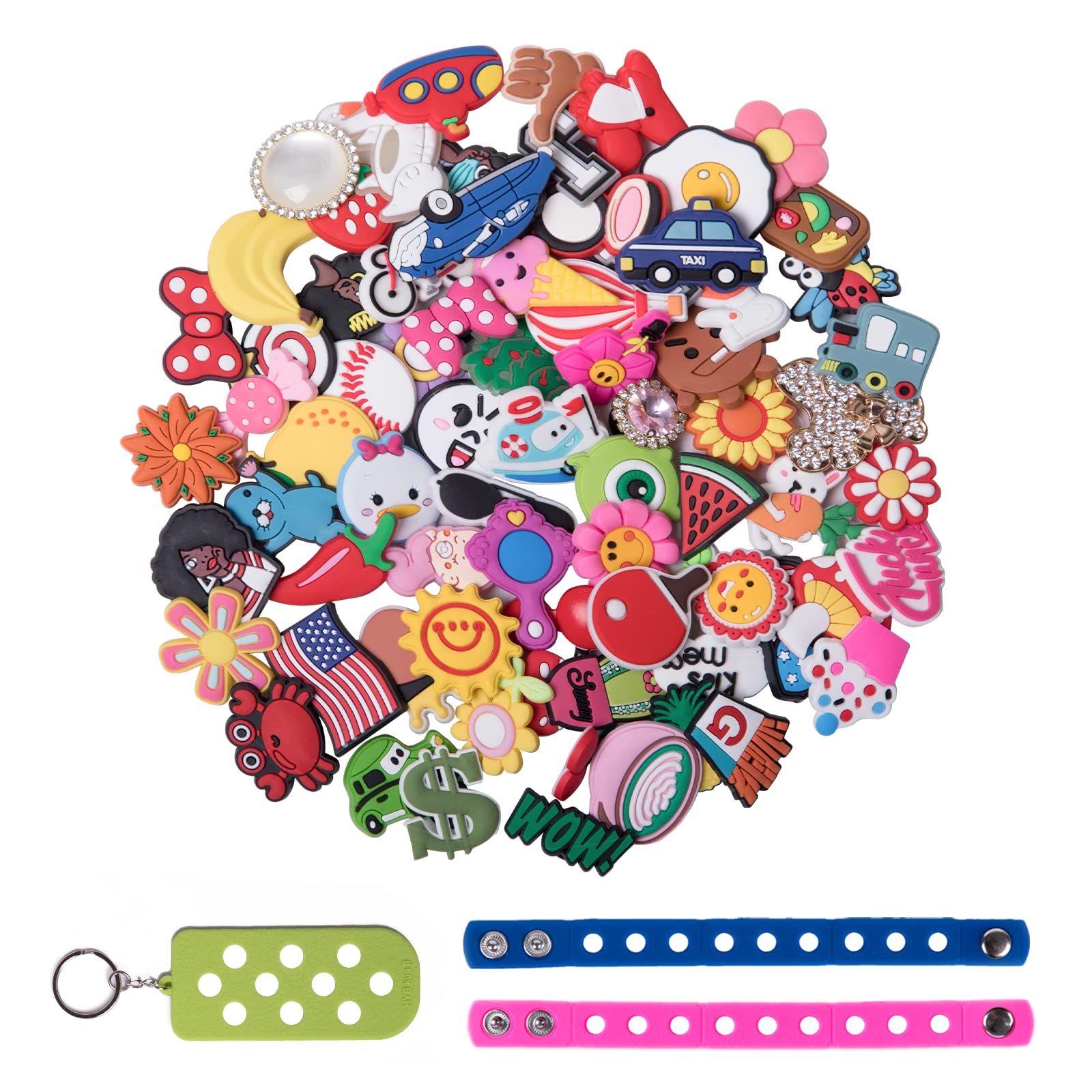100 Pcs Random Shoe Charms for Wristbands & Bracelets - Includes 2 Adjustable Bracelets & 1 Keychain - DIY Accessories for Men, Women, Teens & Kids - Perfect for Party Favors, Easter Baskets & Gifts - Great for DIY Crafts, Fashion Jewelry & Personalized Gifts