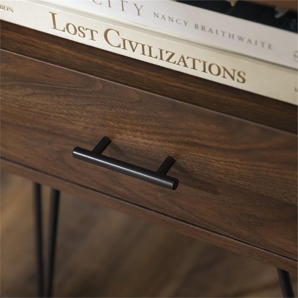 Walker Edison Hadley 2-Piece Mid-Century Modern Metal Hairpin Leg Side Table Set with 1 Drawer - Dark Walnut Finish - Perfect for Living Room, Bedroom or Office (2 Pack)