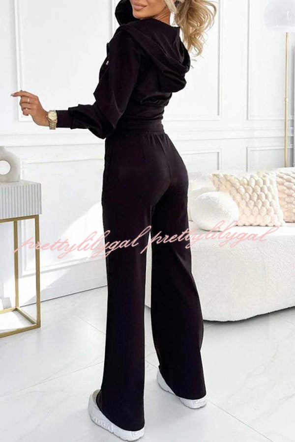 Solid Color Zip-Up Hooded Jacket & Elastic Waist Pocket Wide Leg Pants Set for Women | Casual Streetwear Outfit | Perfect for Workout, Running, and Daily Wear