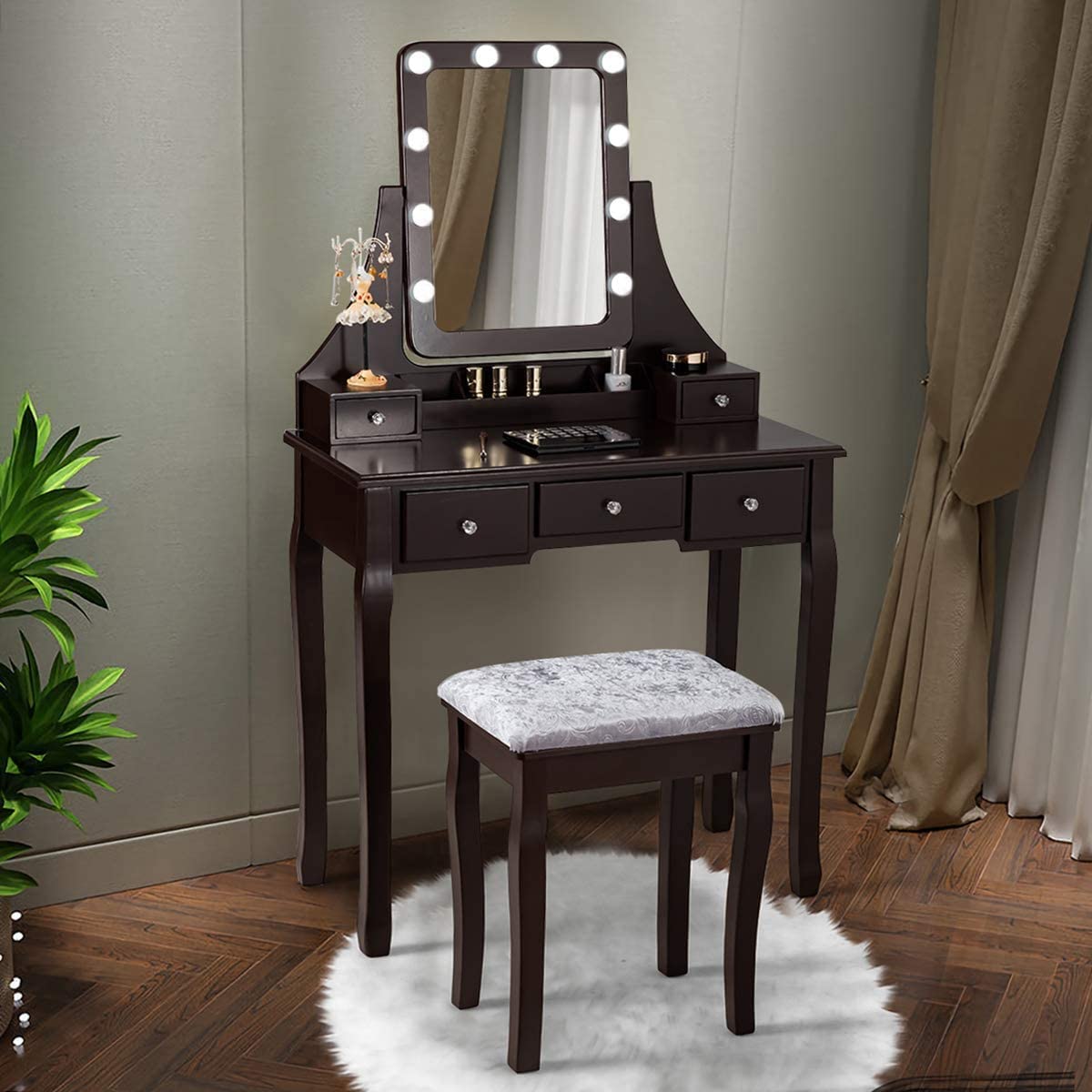 CHARMAID LED Vanity Makeup Desk Set with Lighted Mirror & Stool - 10 Dimmable Bulbs, 5 Drawers, 2 Dividers, 3 Organizers - Espresso Bedroom Dressing Table for Women & Teens | Perfect for Makeup, Skincare & Jewelry Organization