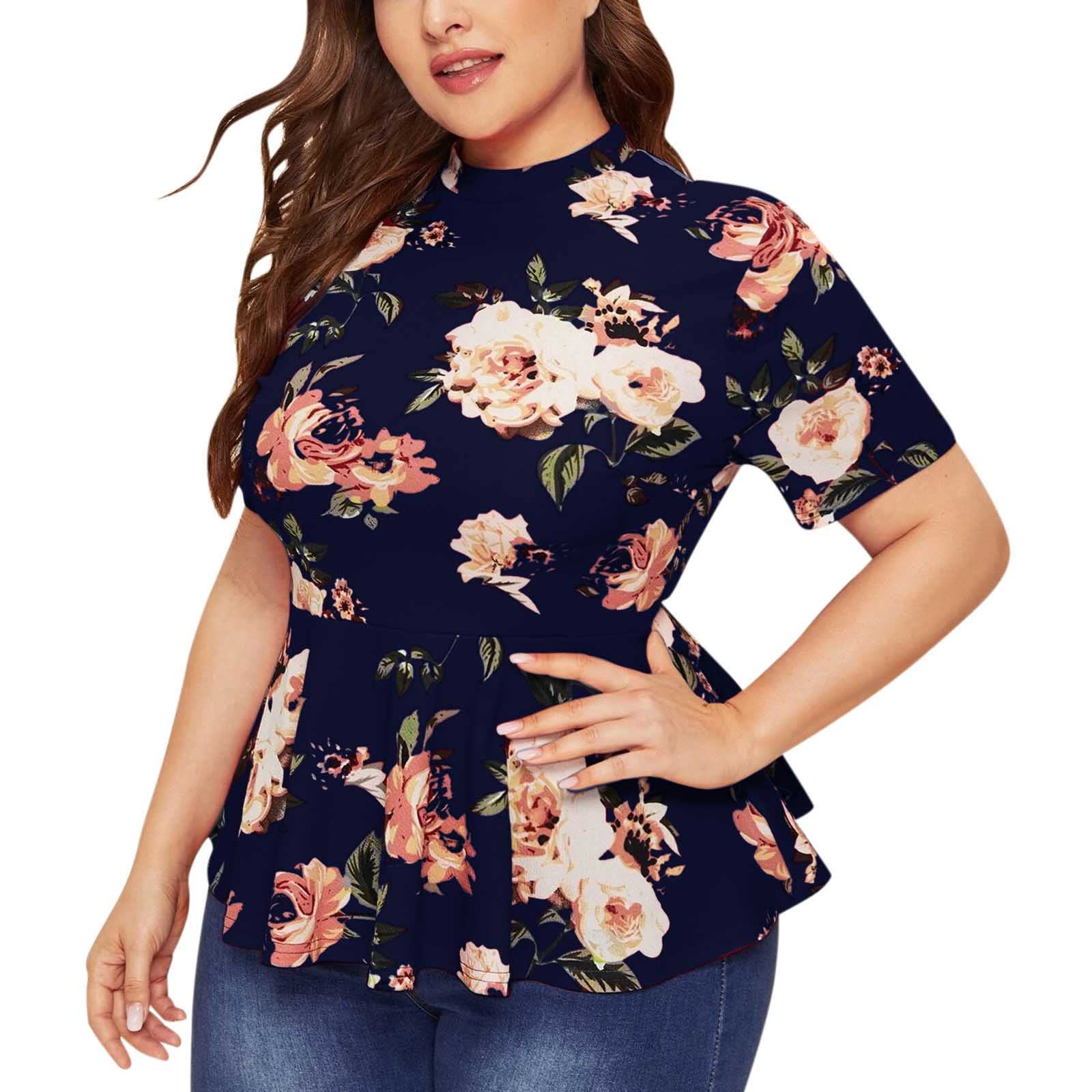Plus Size Women's Floral Summer Tops - Short Sleeve O-Neck Flowy T-Shirts & Blouses for Casual Wear, Beach Outfits and Vacation Essentials