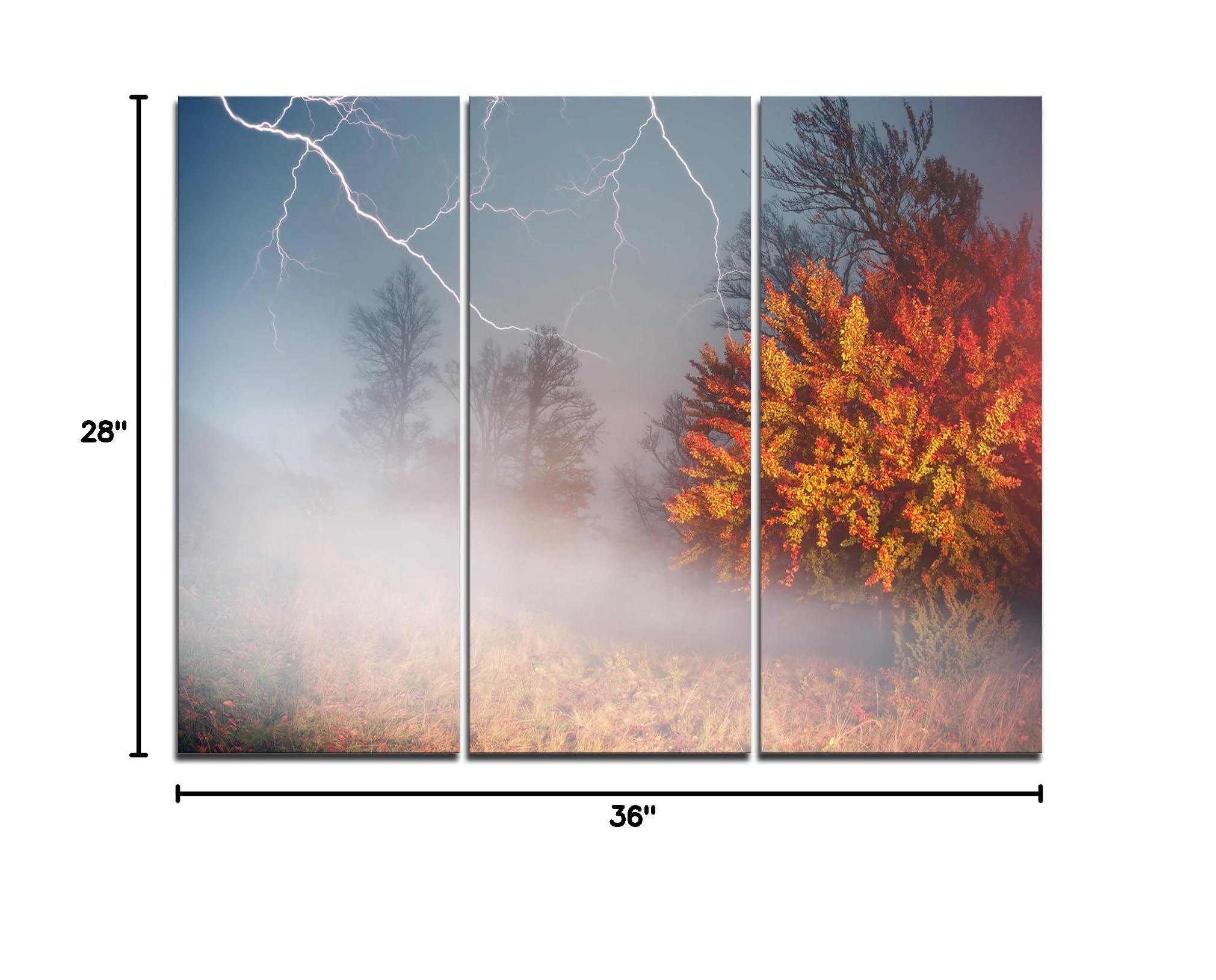Designart Storm and Lightning in Autumn Forest - Landscape Photo Canvas Art Print - 36x28 Inches - 3 Panel Wall Art for Living Room, Bedroom & Office Decor