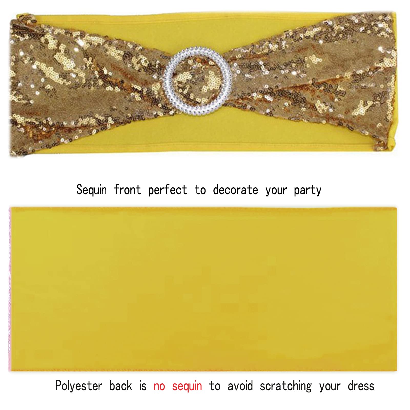 50 PCS Stretch Sequin Chair Sashes - Spandex Chair Bands for Wedding, Reception, Banquet Decor - Champagne Gold - Perfect for Party, Bridal Shower, Anniversary & Event Chair Decoration
