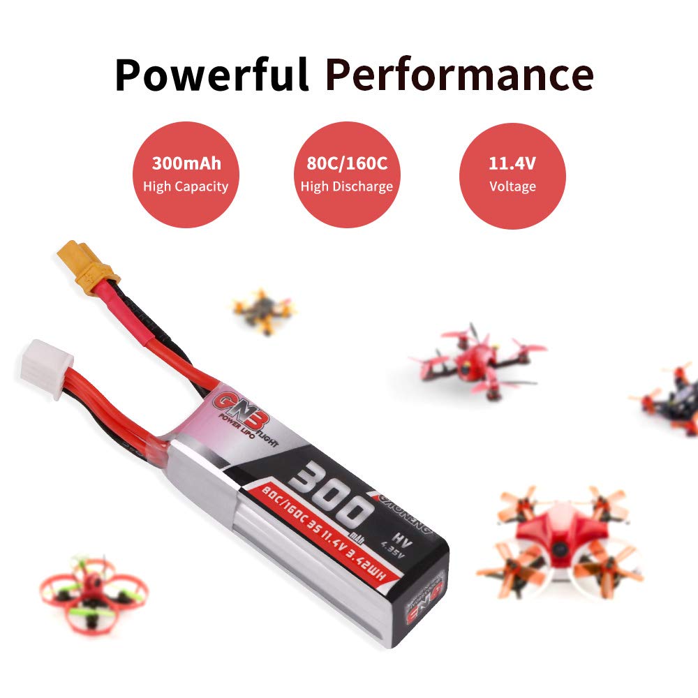 GAONENG 11.4V 300mAh 3S HV LiPo Battery 80C/160C with XT30 Connector for FPV Racing Drones - High Performance RC Drone Battery Pack (2PCS) - Perfect for FPV Quadcopters, Mini Drones and RC Airplanes