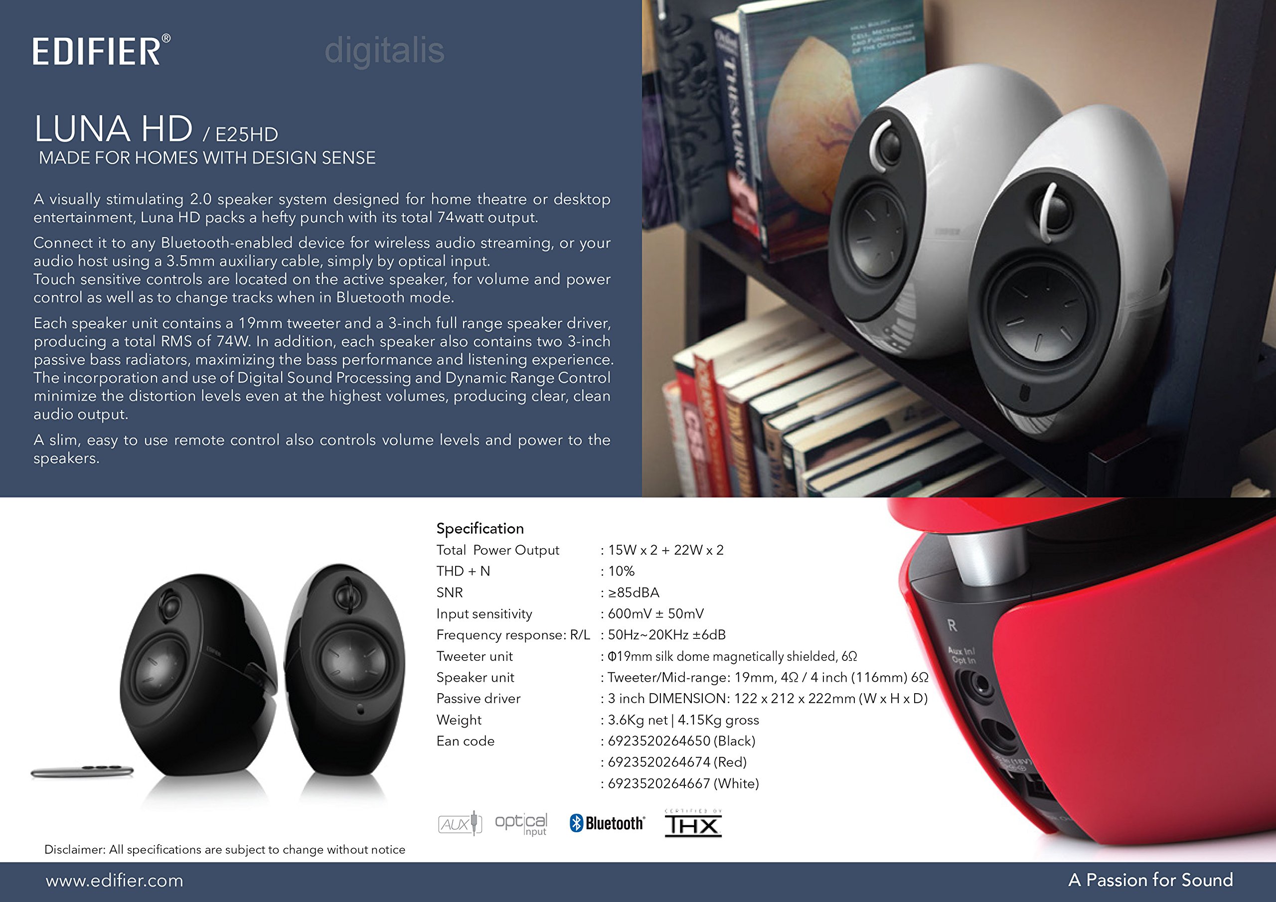 Edifier E25HD Luna Eclipse Bluetooth 4.0 Bookshelf Speakers with Remote Control - Wireless Home Audio System for Living Room, Bedroom, Office & Gaming Setup - Black