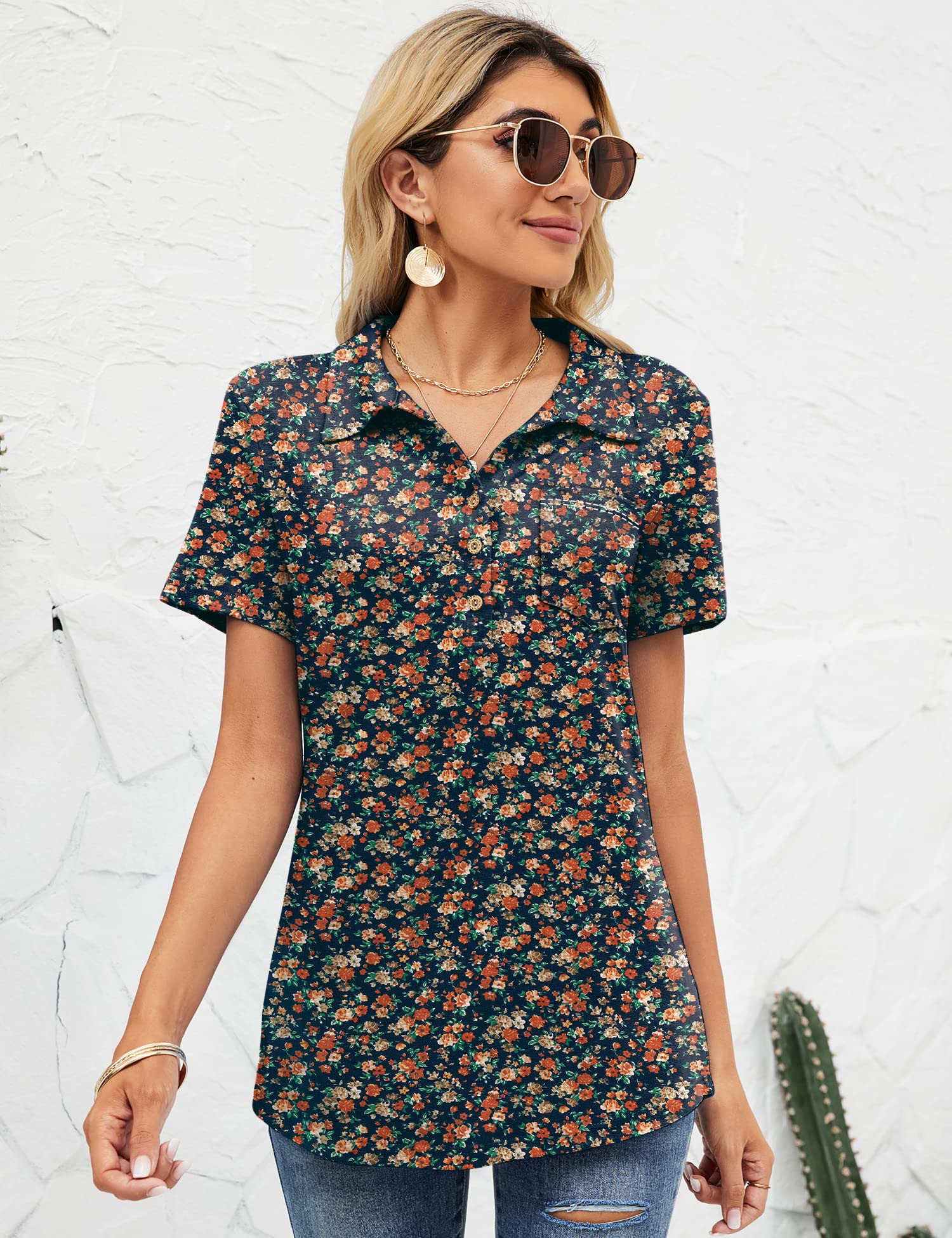TFSDOD Women's Short Sleeve Polo Shirt - V-Neck Business Casual Button Down Tunic Top with Pocket | Perfect for Office Work, Business Meetings & Smart Casual Outfits