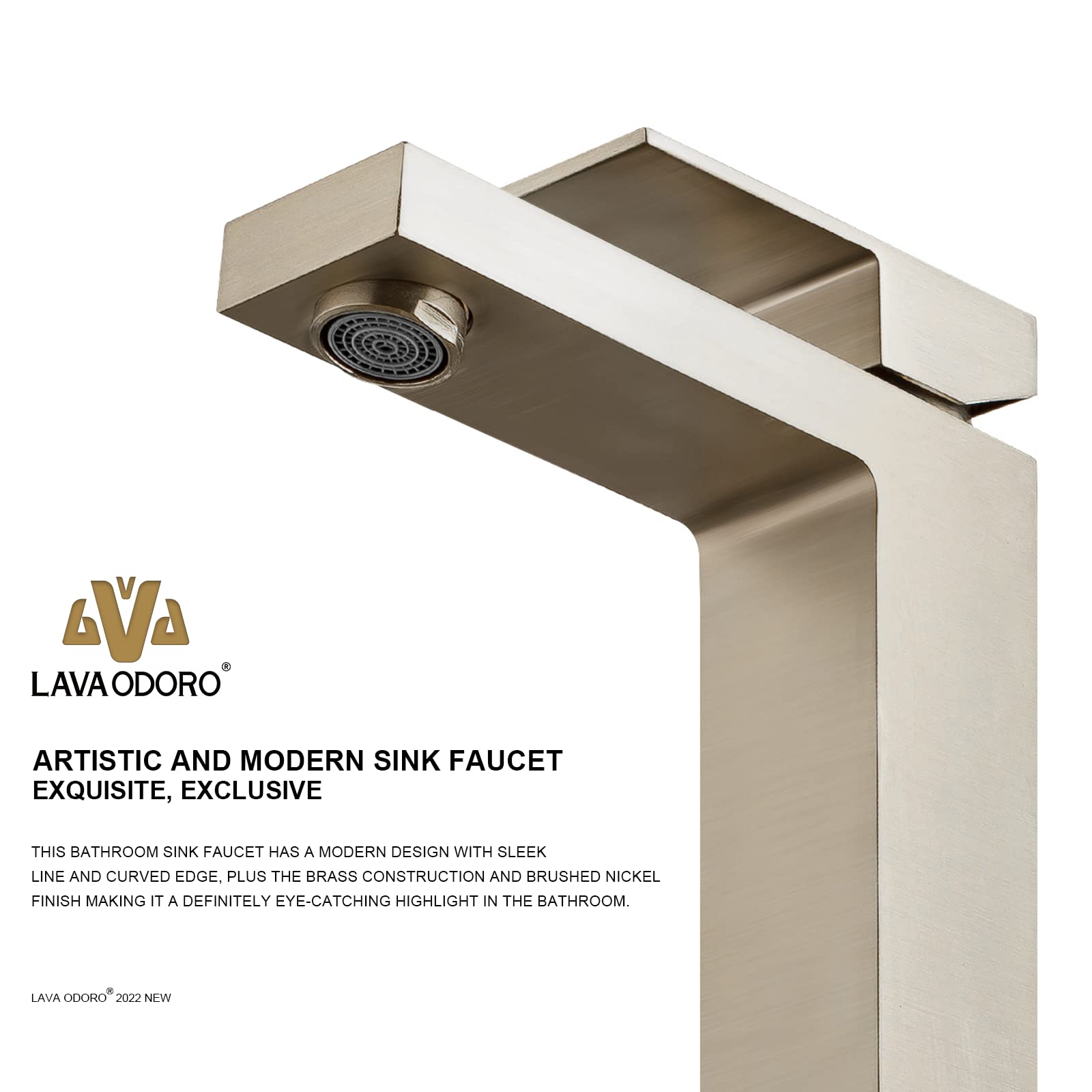 Lava Odoro Brushed Nickel Single Hole Bathroom Faucet - Brass Vanity Sink Faucet with Single Handle & Pop-Up Drain Assembly (Includes Deck Plate) - Perfect for Modern Bathrooms & Powder Rooms - BF307-BN