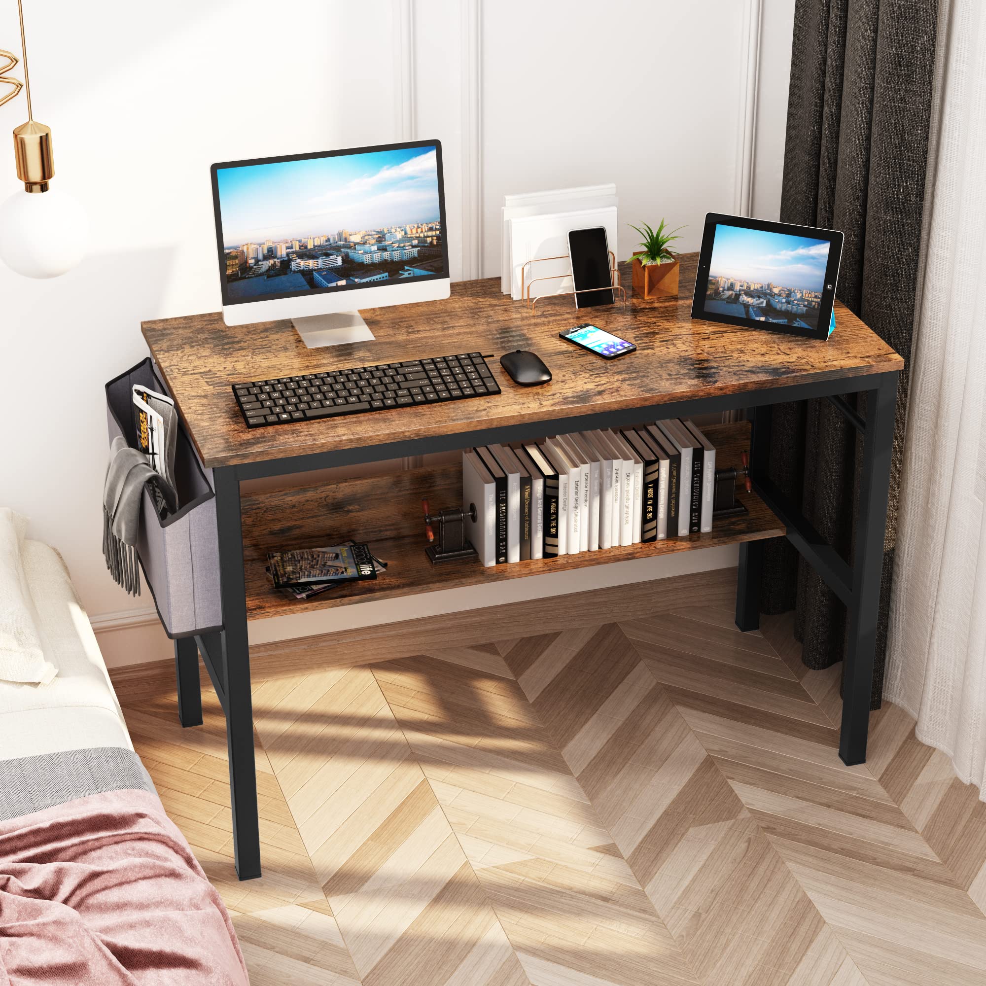 DKLGG 43 Inch Small Computer Desk - Modern Home Office Laptop Study Table for Small Spaces with Storage Bag & Headphone Hook, Rustic Brown - Perfect for Remote Work, Online Classes & Gaming Setup