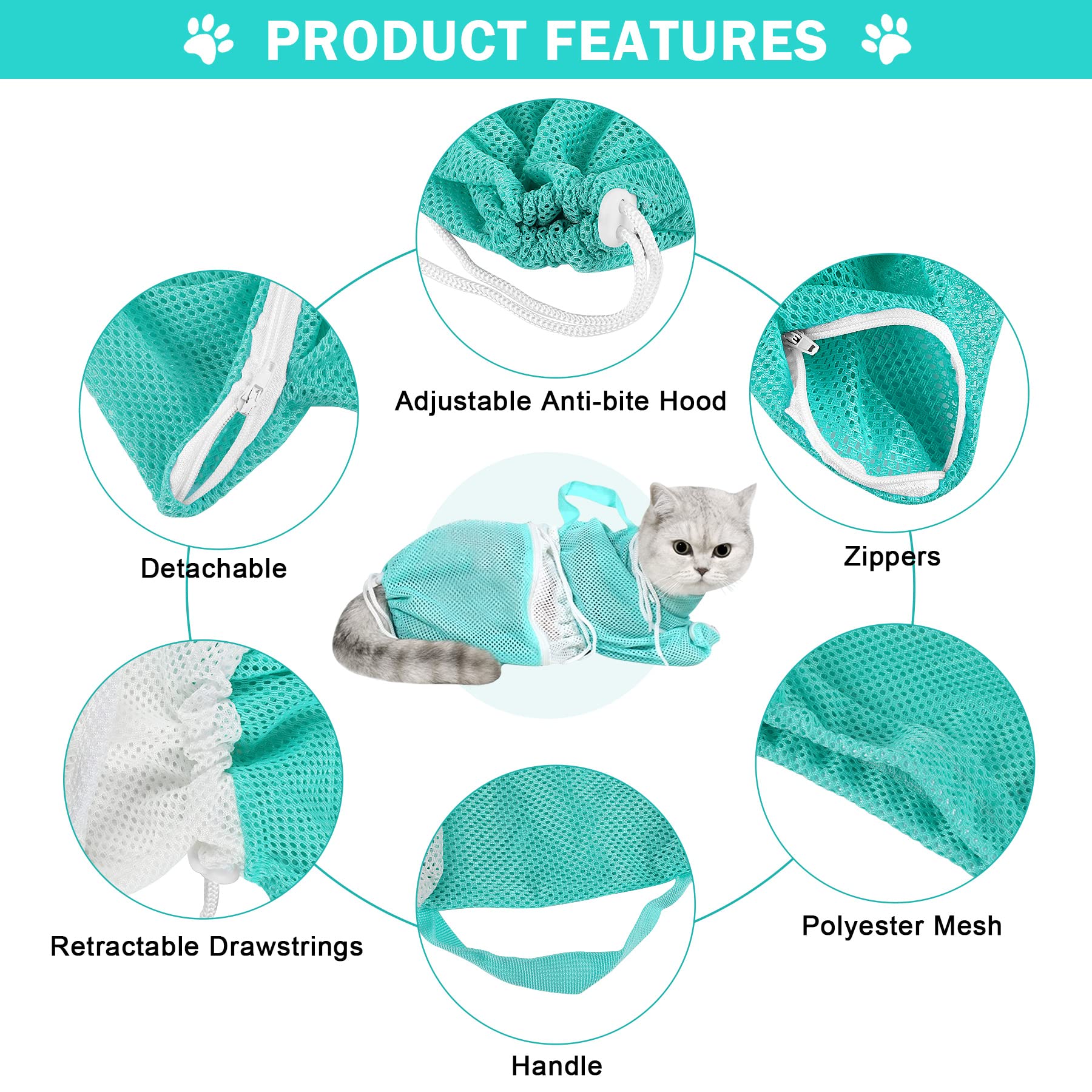JULMELON 10-Piece Cat Grooming Kit - Adjustable Cat Shower Bag, Pet Brush, Nail Clipper, Nail File, Hair Comb, Tick Tool & Nail Caps for Bathing, Nail Trimming & Vet Exams (Grey + Green) - Perfect for Home Pet Care & Professional Grooming Sessions