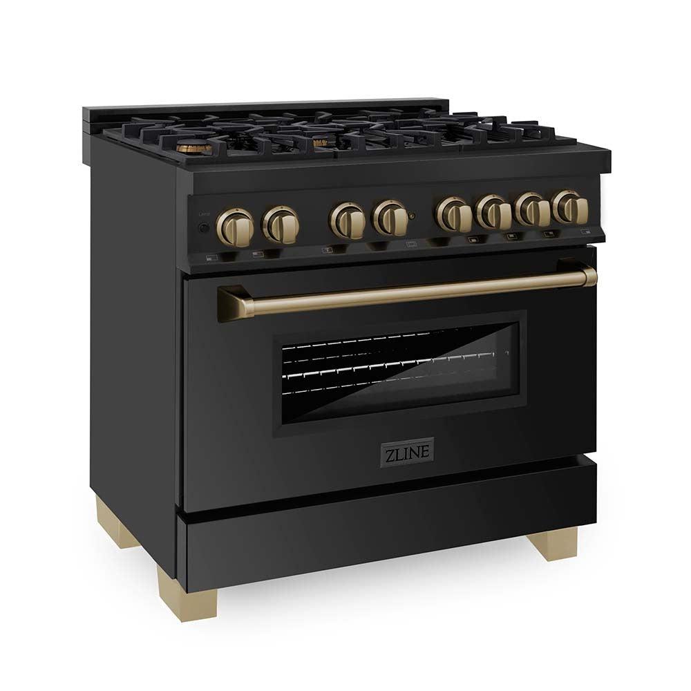 ZLINE Autograph Edition 36-inch Black Stainless Steel Kitchen Package - Dual Fuel Range, Range Hood, Dishwasher & Refrigerator with Internal Water Dispenser & Champagne Bronze Accents (4AKPR RABRHDWV36 CB) | Premium Kitchen Appliances for Modern Homes & Gourmet Cooking