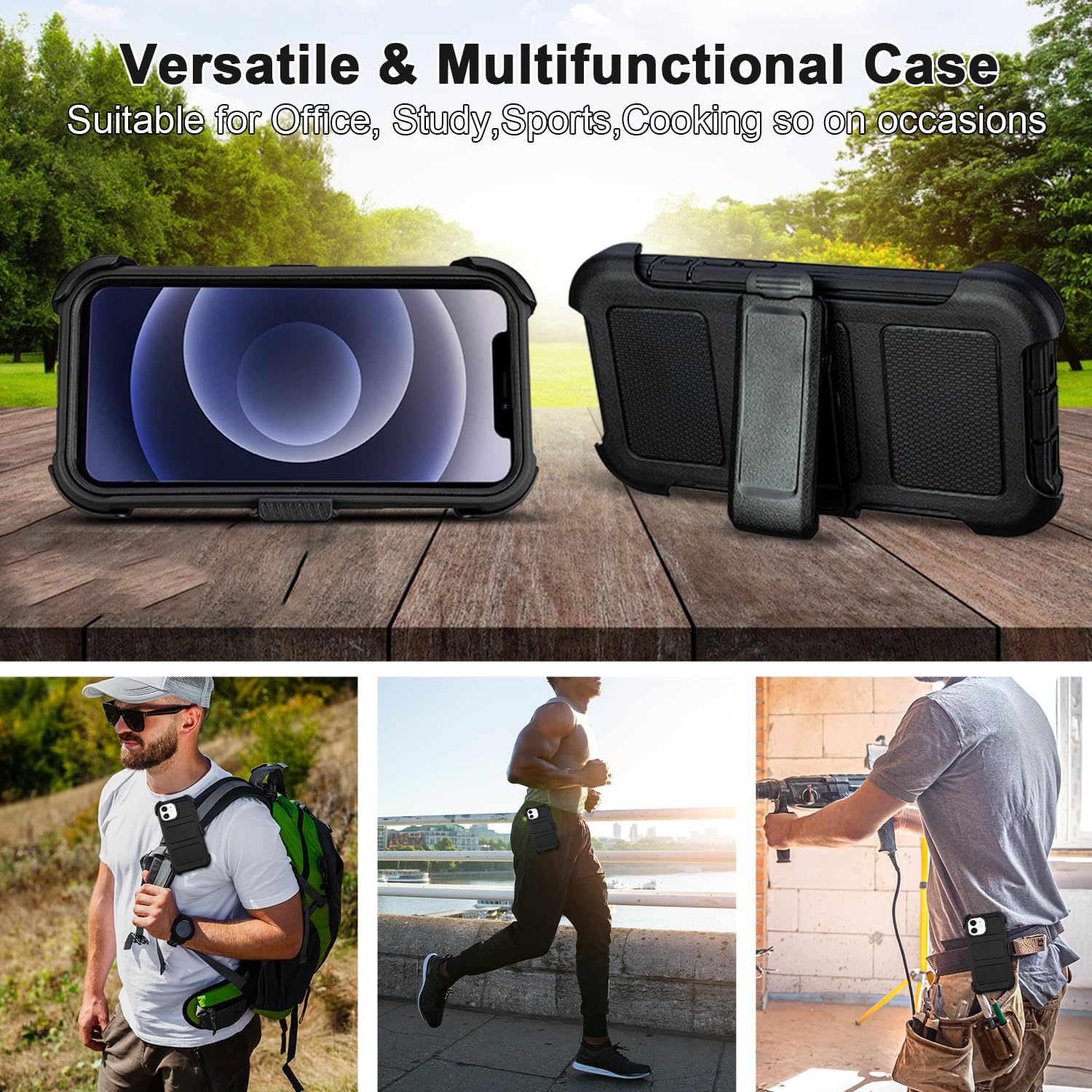 Rugged Heavy Duty iPhone 12 Case with Belt Clip Holster & Kickstand - 2 Layer Protective Shockproof Anti-Drop Phone Cover for iPhone 12 (Black) | Perfect for Construction, Outdoor Adventures & Active Lifestyles