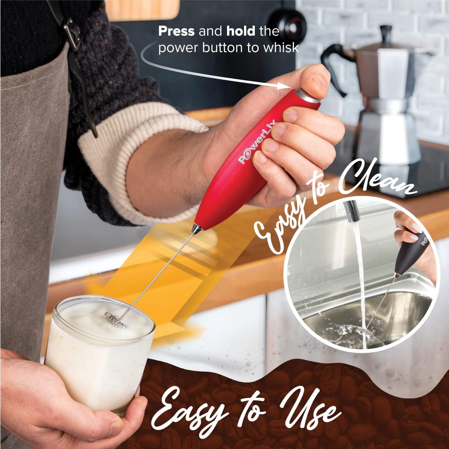 PowerLix Handheld Milk Frother - Battery Operated Foam Maker for Coffee, Latte & Cappuccino - Includes Stand (Black/Red) - Perfect for Home, Office & Travel Use