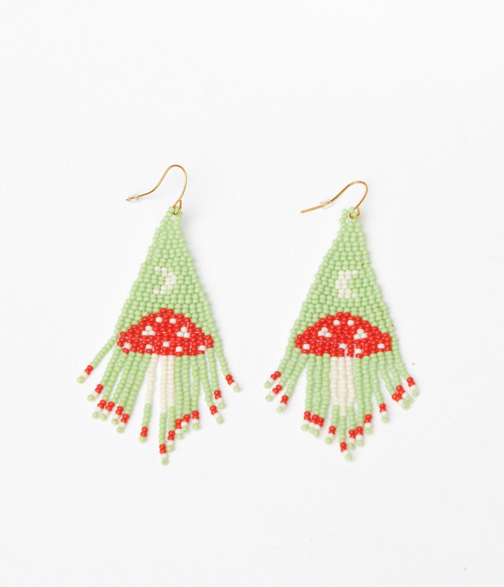 Handmade Mint Green & Red Mushroom Beaded Dangle Earrings for Women - Boho Chic Jewelry for Festival, Party & Everyday Wear