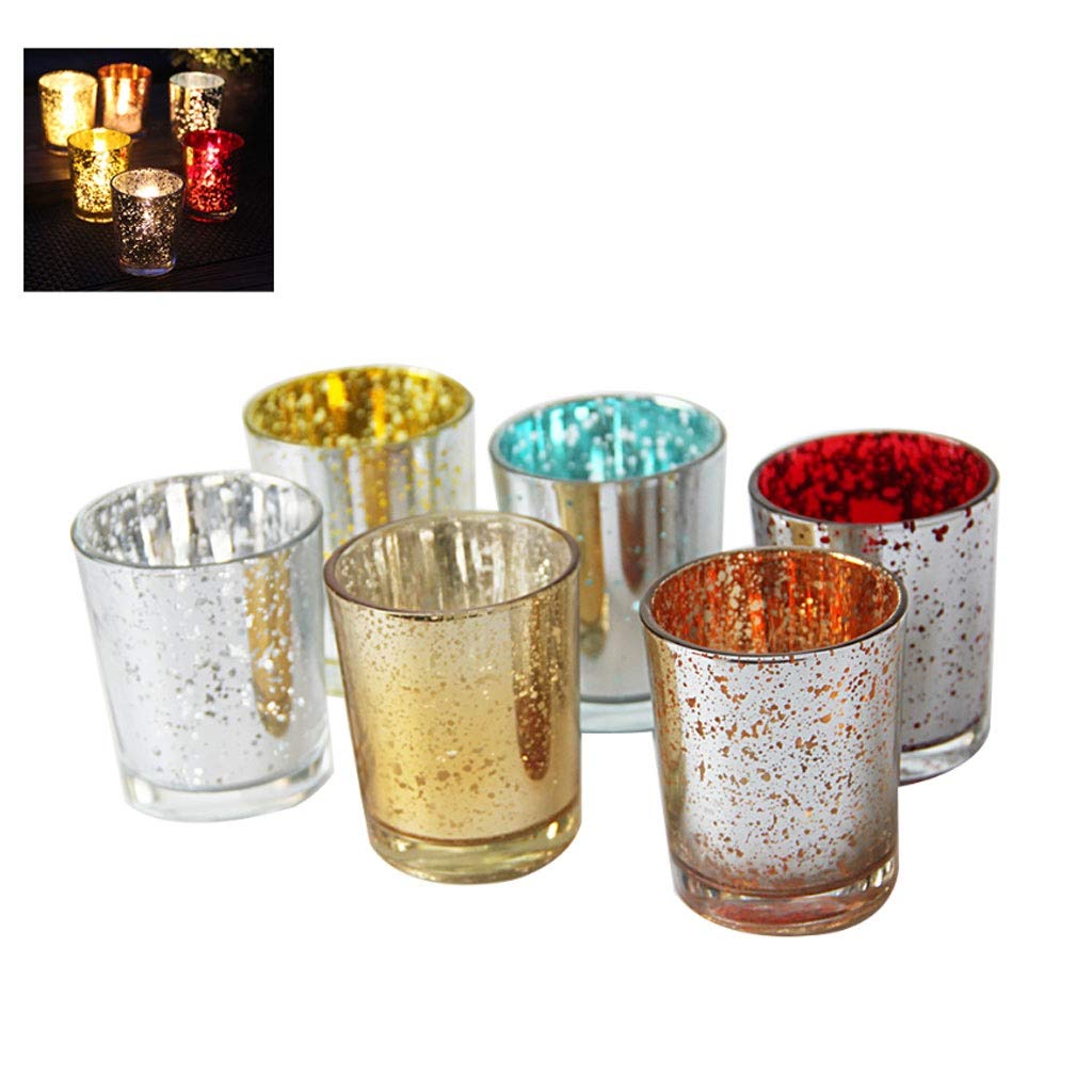 Modern Speckled Gold Mercury Glass Votive Candle Holders Set of 6 - Elegant Candlestick Holders for Home Decor, Wedding Centerpieces, Table Decorations & Romantic Ambiance