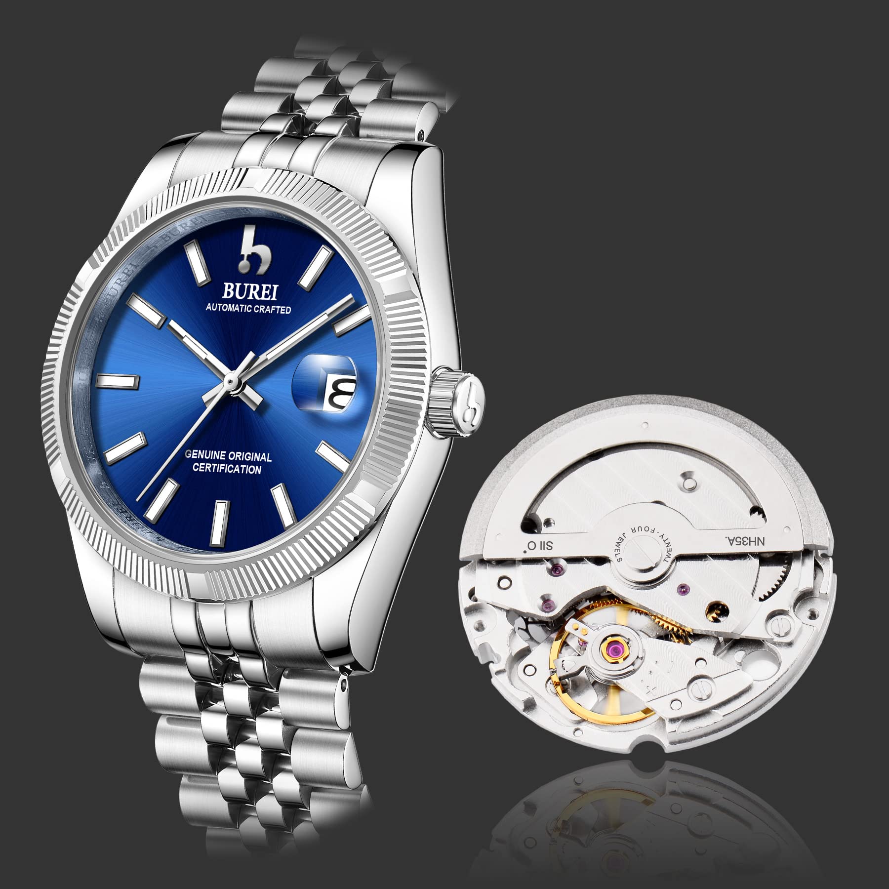 BUREI Men's Automatic Self-Winding Mechanical Watch - Luxury Business Stainless Steel Waterproof Wristwatch for Men - Perfect for Office, Formal Events & Everyday Wear