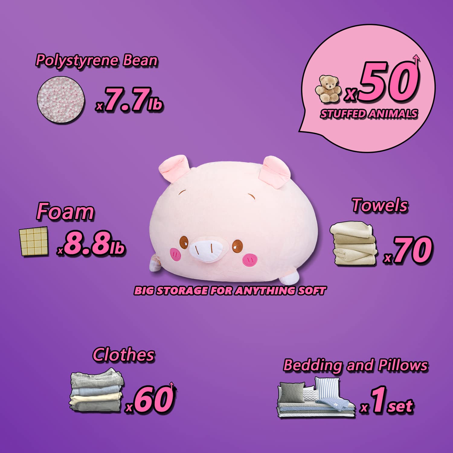 Pink Pig Plush Stuffed Animal Storage Bean Bag Chair Cover for Kids - Large Size Toy Organizer (Cover Only, No Filling) - Perfect for Girls' Bedroom, Playroom & Nursery Organization