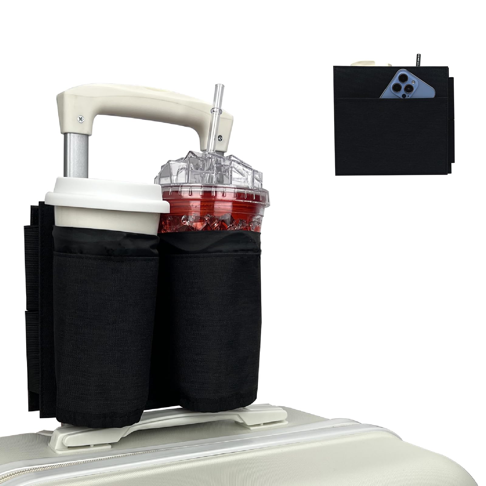**Vethers Travel Luggage Cup Holder - Hands-Free Drink Carrier Attachment for Suitcases, Perfect for Coffee, Beverages, Bottles & Snacks - Ideal for Airports, Road Trips & Commuting (Black)**