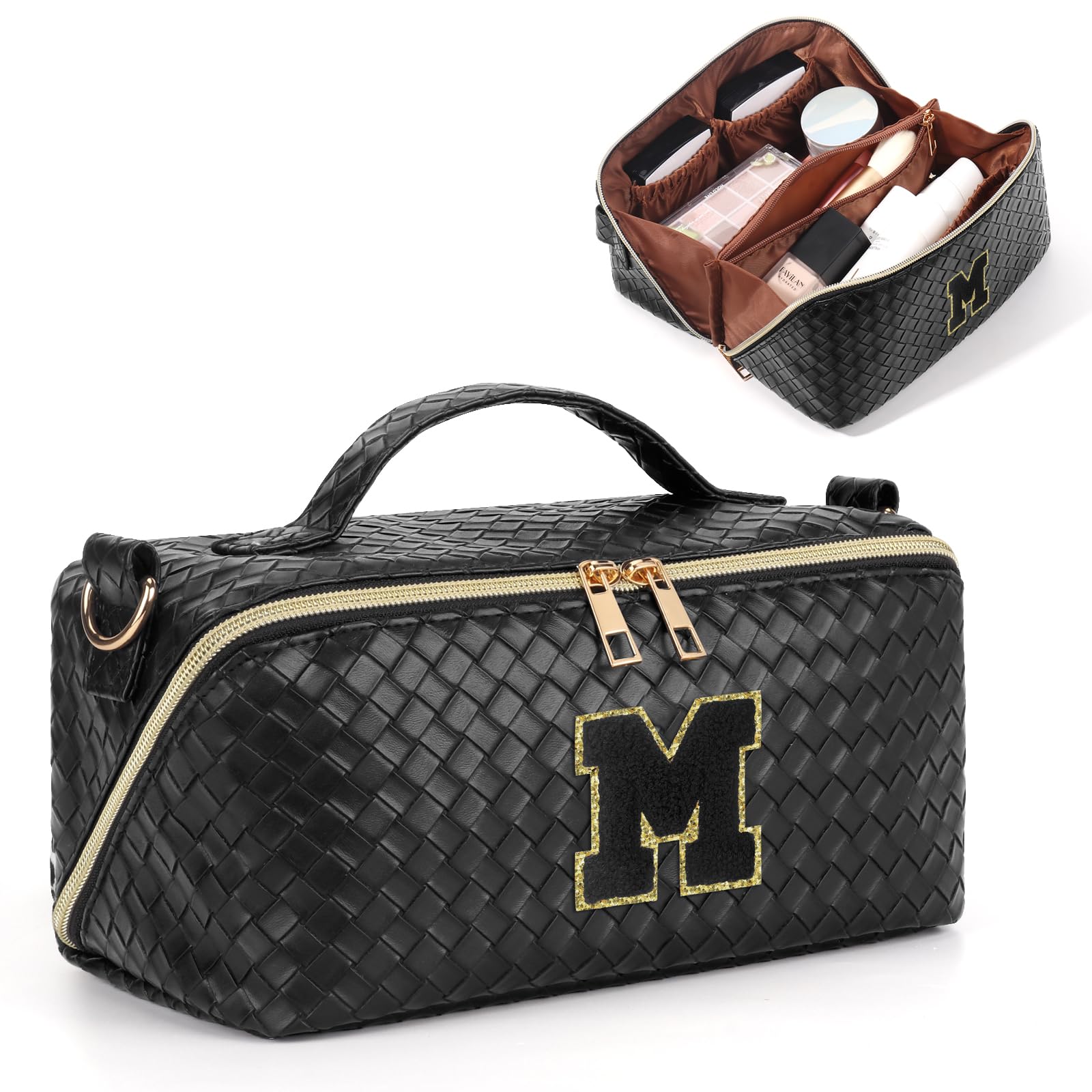 **Personalized Travel Makeup Bag with Strap - Large Capacity Cosmetic Organizer for Women & Girls, Portable Crossbody Toiletry Pouch (Black, Monogram M) - Perfect for Vacations, Gym & Daily Essentials**