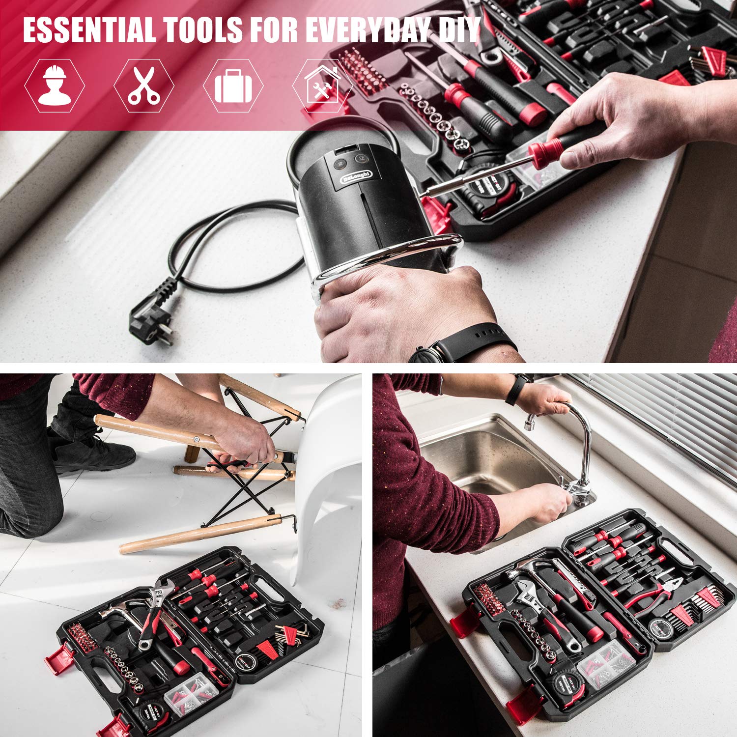 Eastvolt 128-Piece Home Repair Tool Kit with Storage Toolbox - Complete Hand Tool Set for DIY, Home Improvement & Household Maintenance (Black & Red) - Perfect for Plumbing, Electrical Work & Furniture Assembly