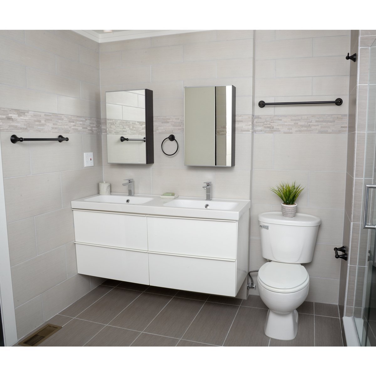 Amazon Basics 5-Piece Modern Bathroom Accessories Set - Oil Rubbed Bronze Towel Holder, Soap Dispenser & More for Stylish Bathroom Organization (Shower, Vanity, Powder Room)