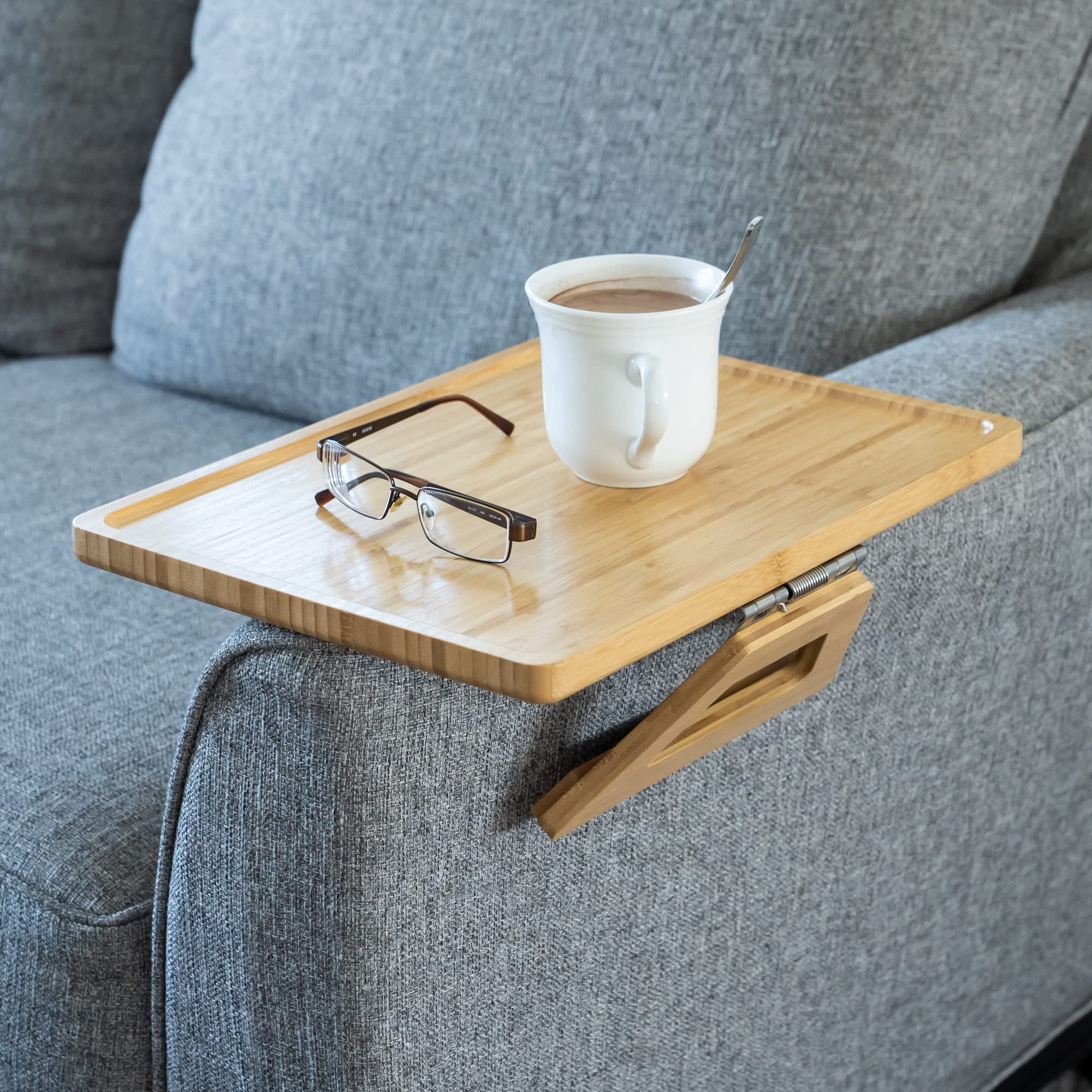 Shamrock Home Bamboo Clip-On Couch Arm Tray Table - 15.75 x 11 Inch Beige Sofa Side Table for TV Dinners, Drinks, Snacks & Remote Control - Perfect for Small Spaces, Living Room & Bedroom Use